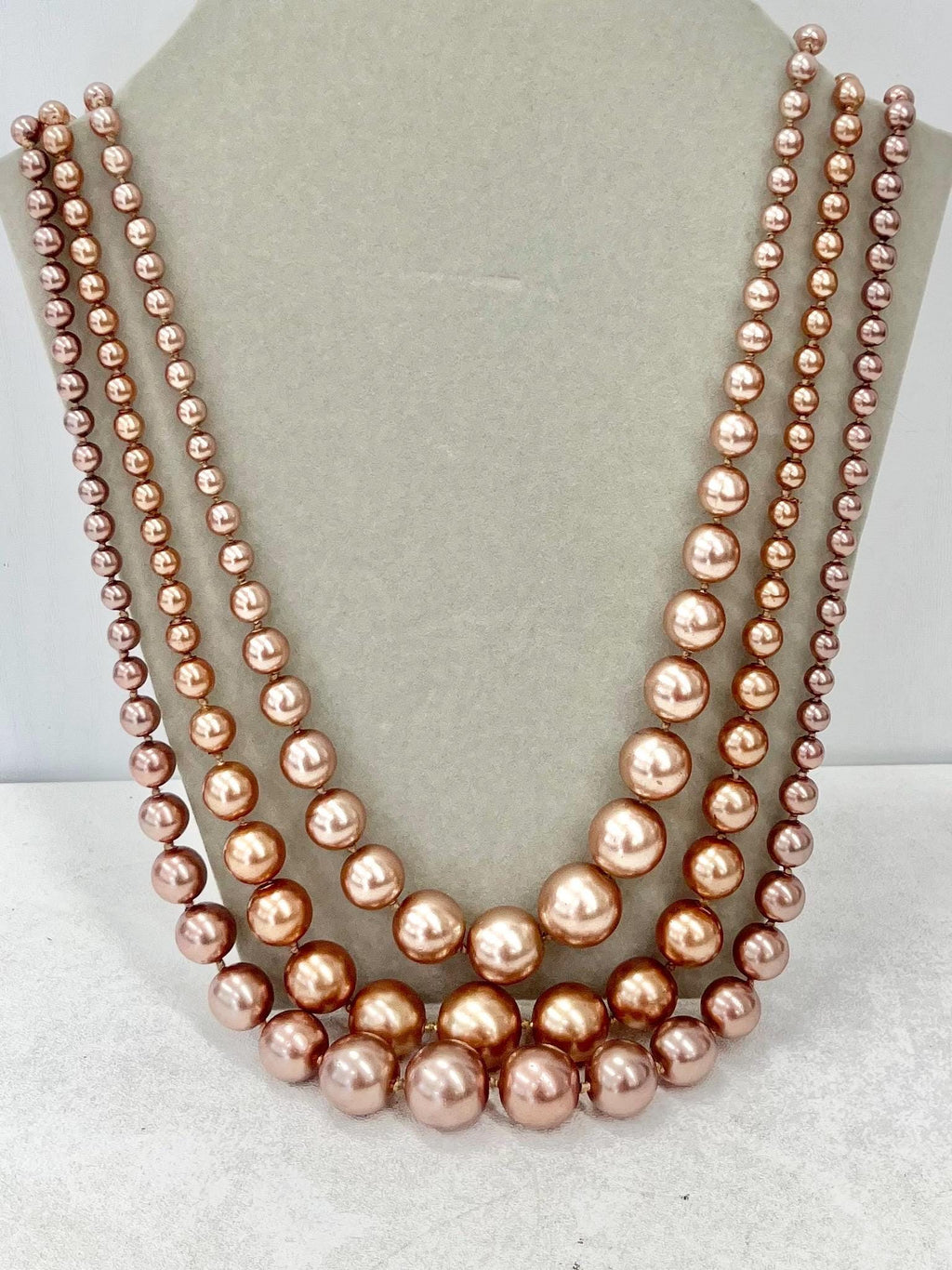 Vintage 1960’s Three Strand Glass Pearl Bead Necklace ln Peach Coloured Tones 32” Long Statement Piece MillyOliverVintage