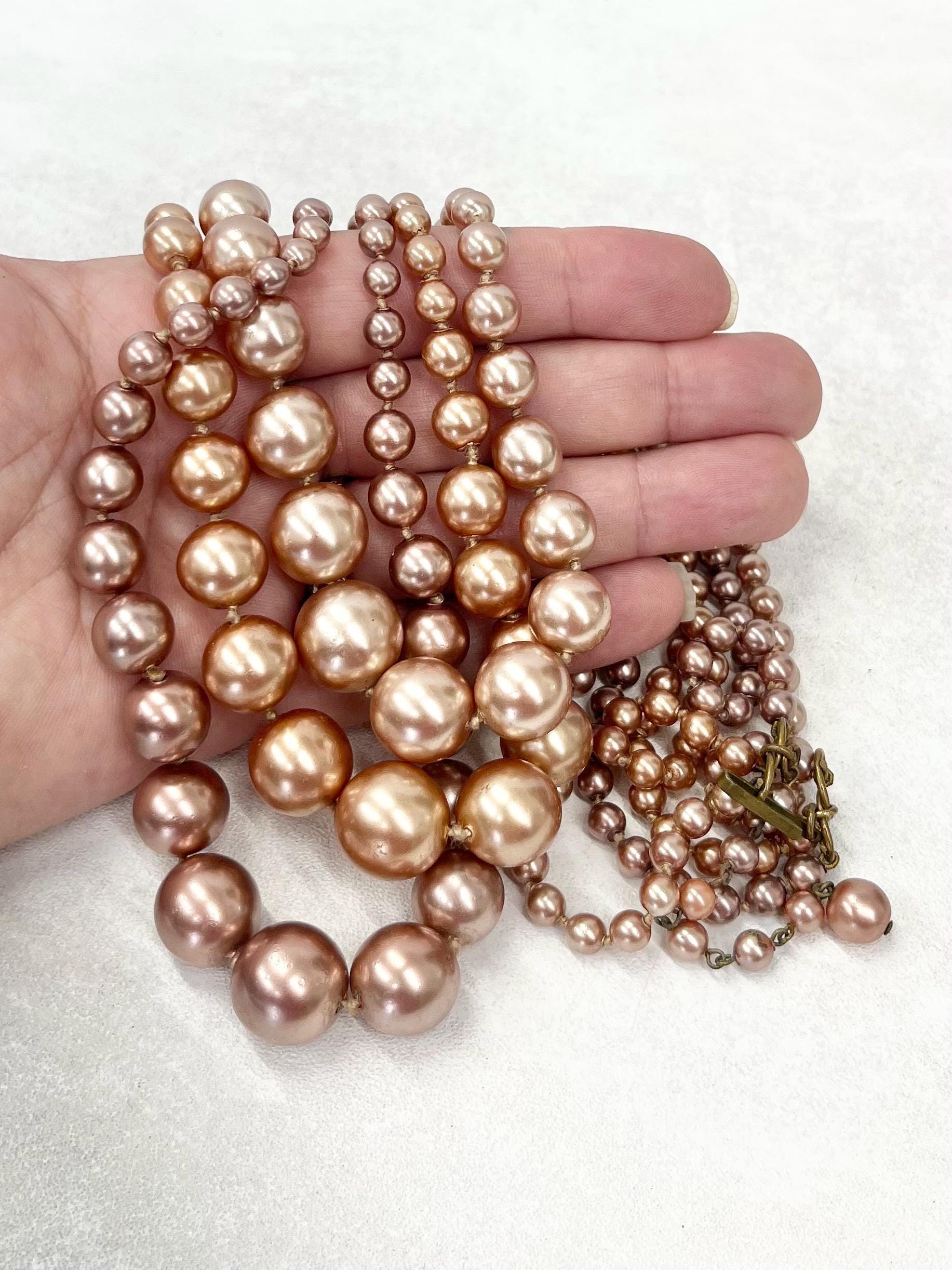 Vintage 1960’s Three Strand Glass Pearl Bead Necklace ln Peach Coloured Tones 32” Long Statement Piece MillyOliverVintage