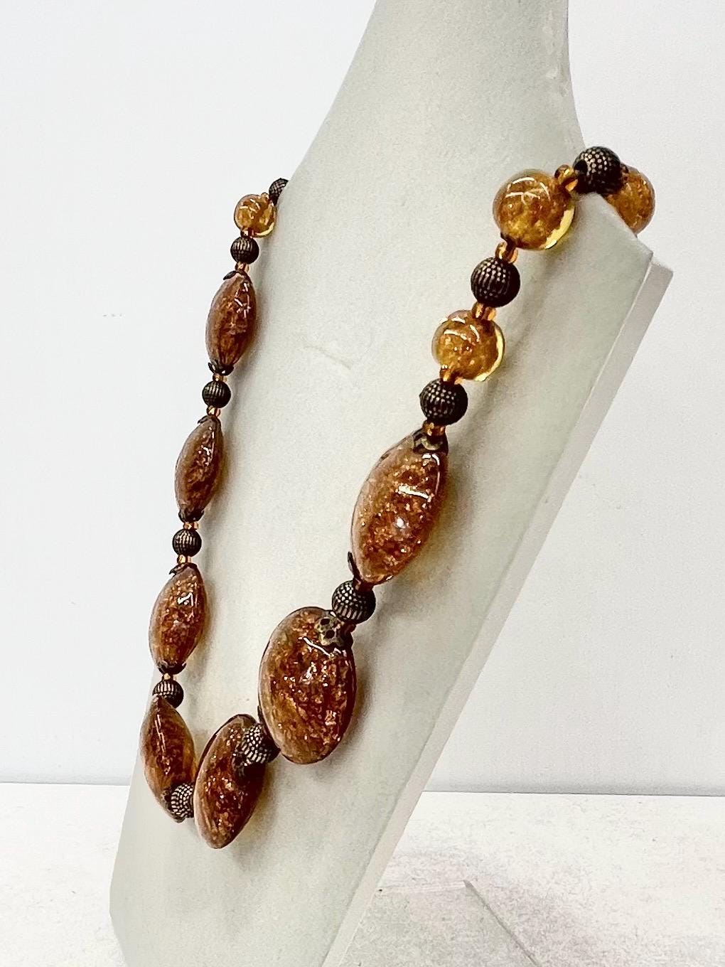 Vintage Venetian Brown Amber & Gold Aventurine Lampwork Glass Bead Necklace 17” Long Excellent Quality Beads MillyOliverVintage