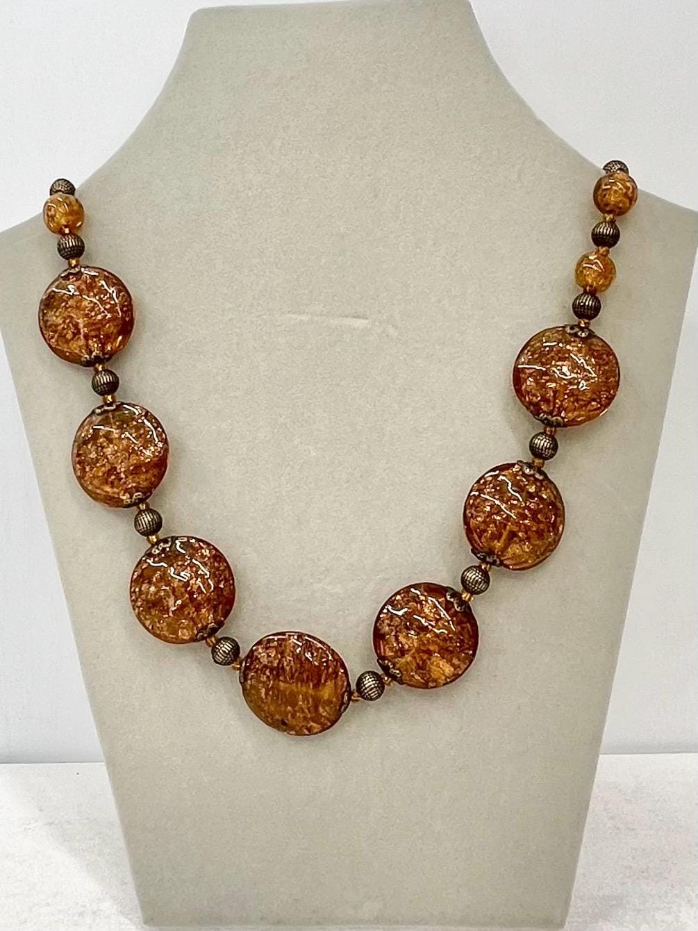 Vintage Venetian Brown Amber & Gold Aventurine Lampwork Glass Bead Necklace 17” Long Excellent Quality Beads MillyOliverVintage