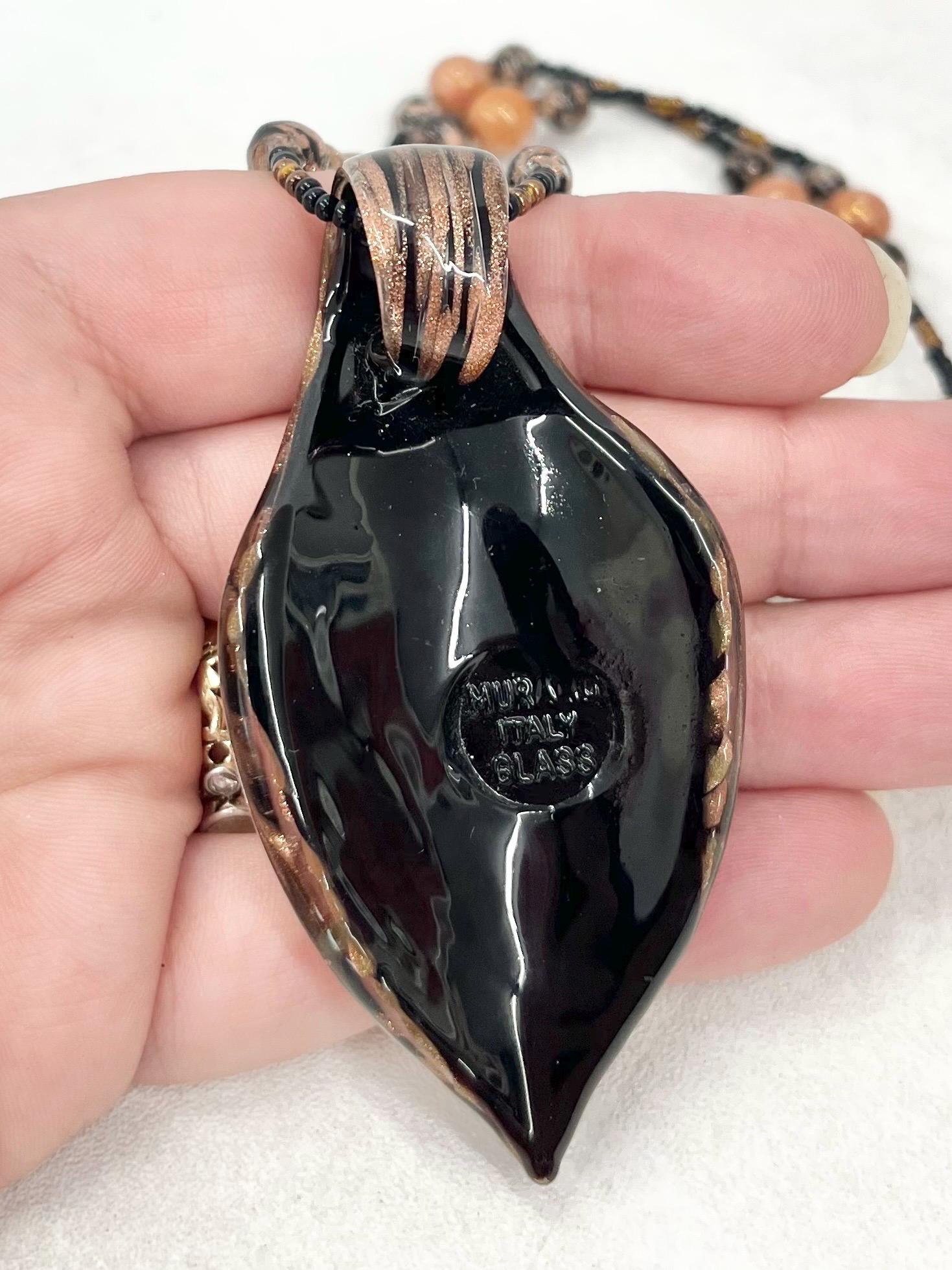 Vintage Murano Glass Brown Amber & Gold Aventurine Lampwork Bead Necklace Pendant 16” Long Excellent Quality Beads MillyOliverVintage