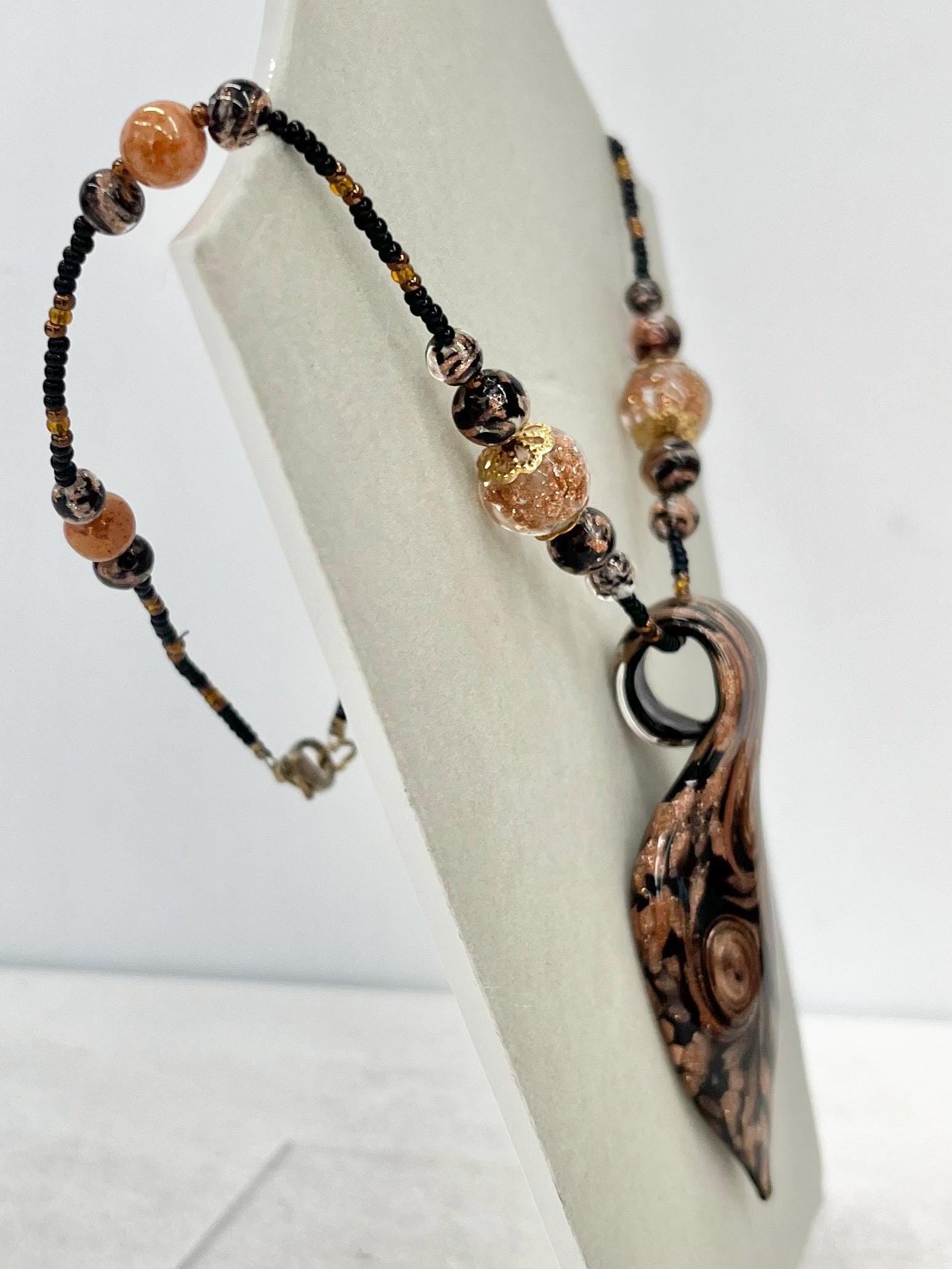 Vintage Murano Glass Brown Amber & Gold Aventurine Lampwork Bead Necklace Pendant 16” Long Excellent Quality Beads MillyOliverVintage