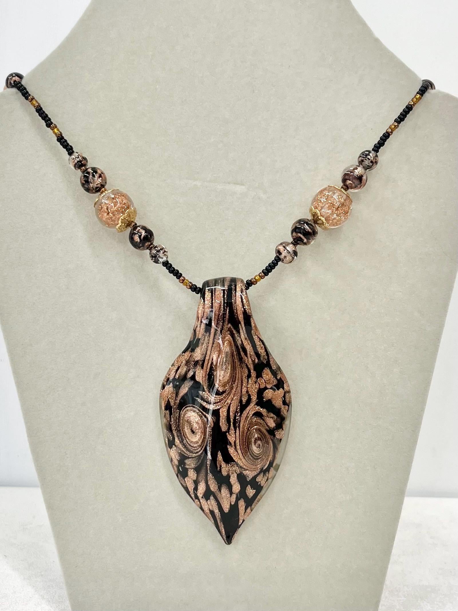 Vintage Murano Glass Brown Amber & Gold Aventurine Lampwork Bead Necklace Pendant 16” Long Excellent Quality Beads MillyOliverVintage
