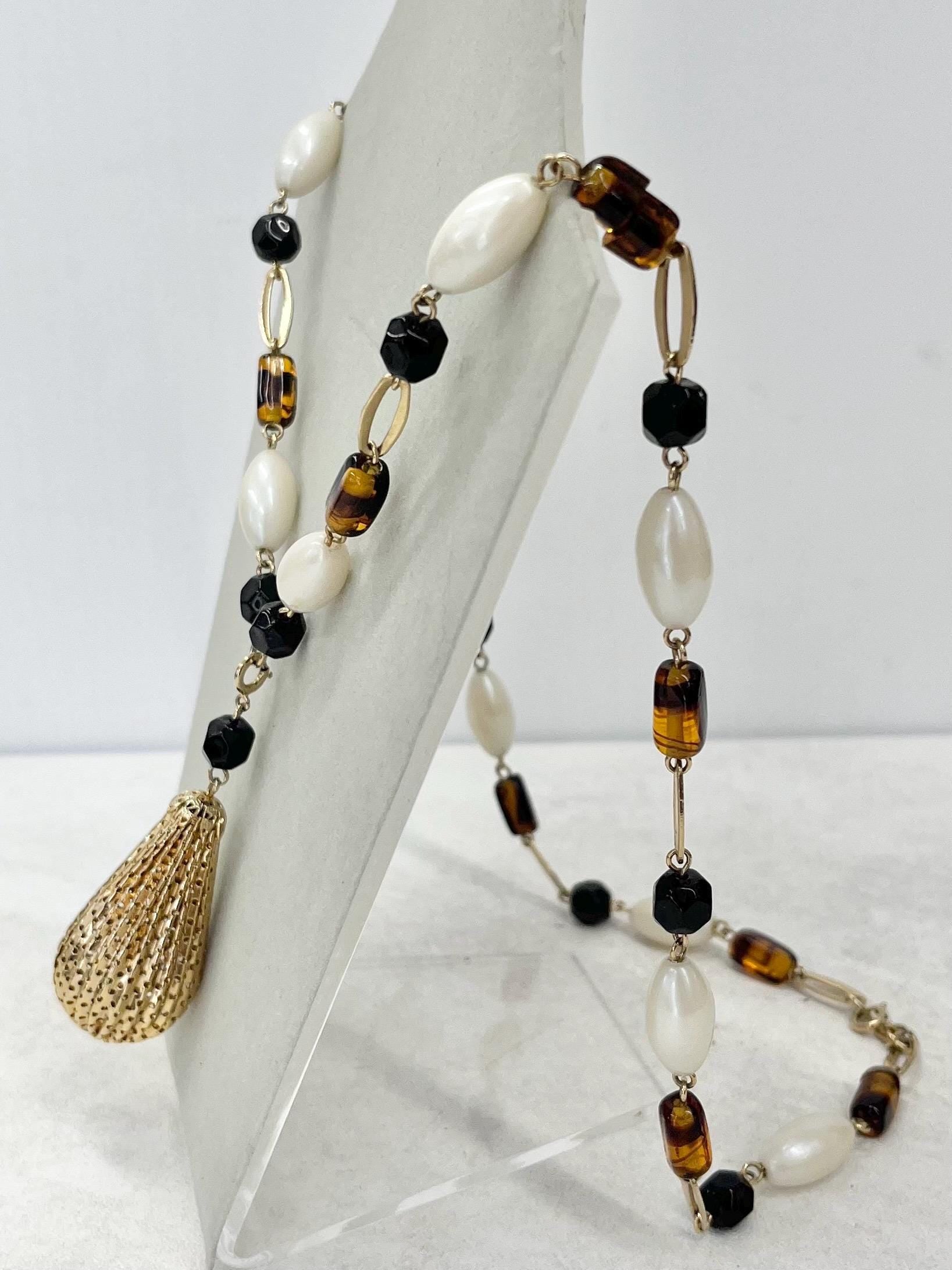 Vintage 1970’s Sarah Coventry Necklace Brown Black & Cream Pearl Beads with a Gold Tone Mesh Drop Pendant 26” Long with a 3” Drop MillyOliverVintage