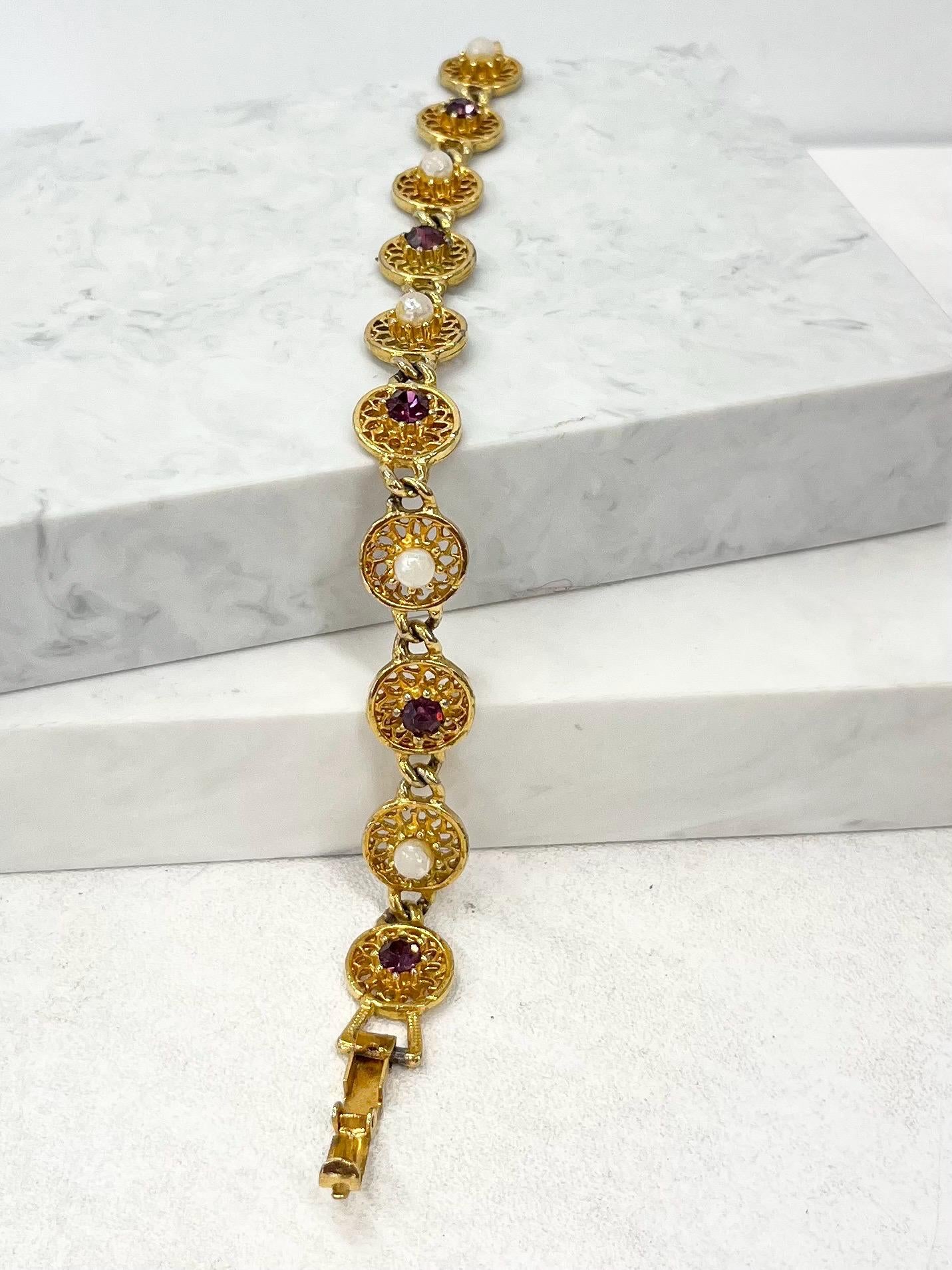 Vintage Filigree Amethyst Crystal & Glass Pearl Bracelet MillyOliverVintage