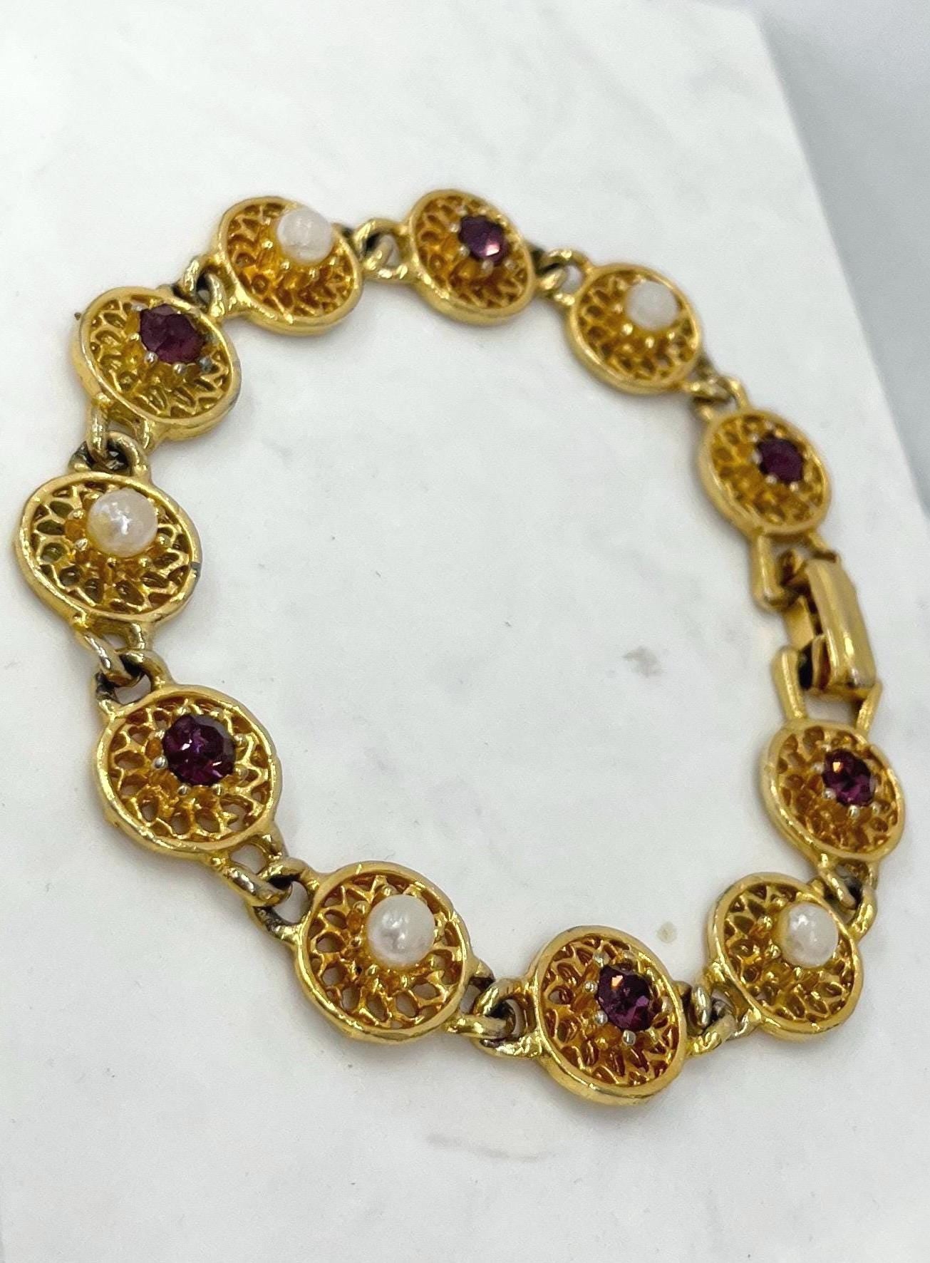 Vintage Filigree Amethyst Crystal & Glass Pearl Bracelet MillyOliverVintage