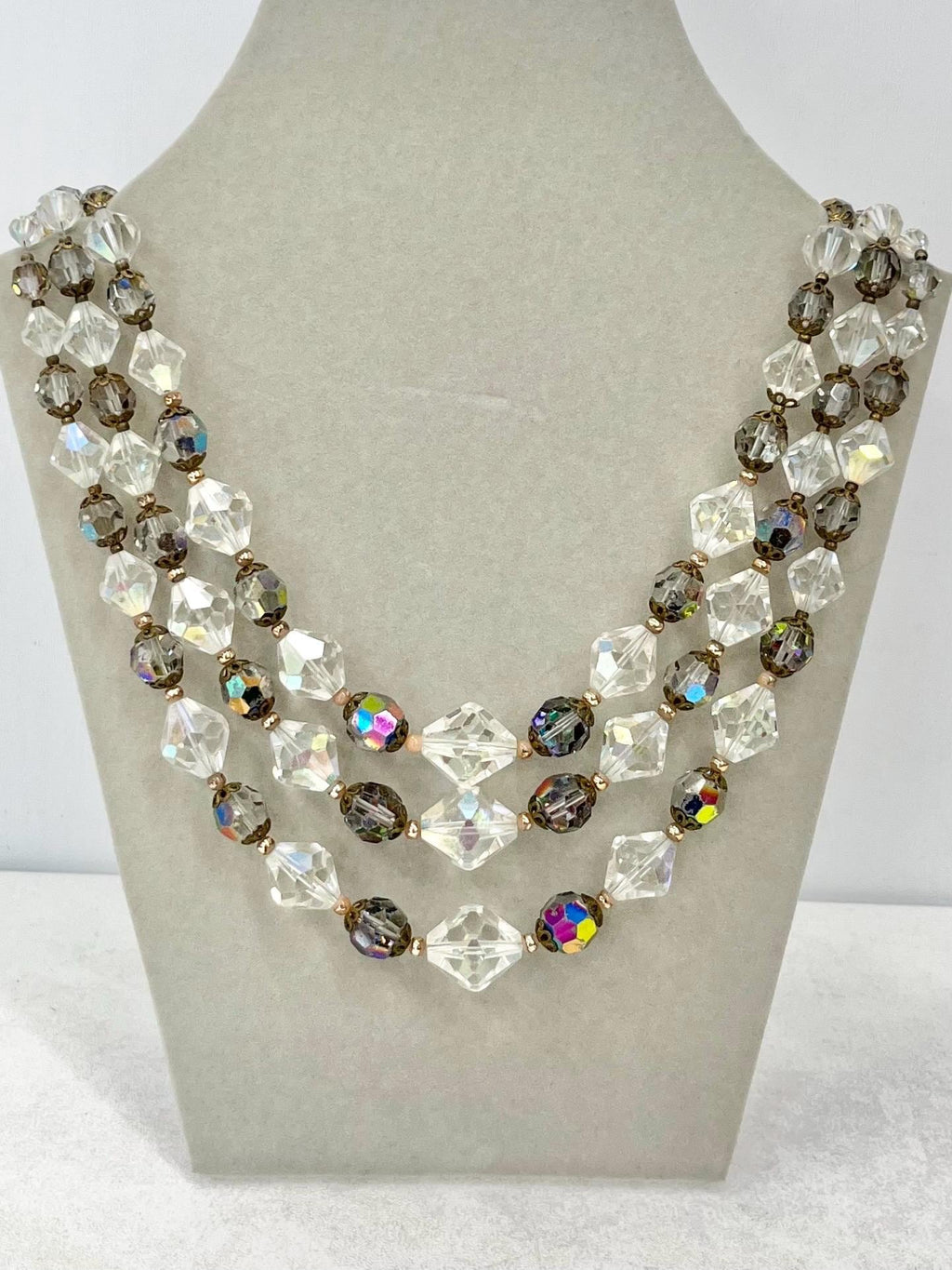 Vintage 1950’s Three Strand Austrian Glass Crystal Bead Necklace with Aurora Borealis and Vitrail Coatings Beautifully Cut Crystals MillyOliverVintage