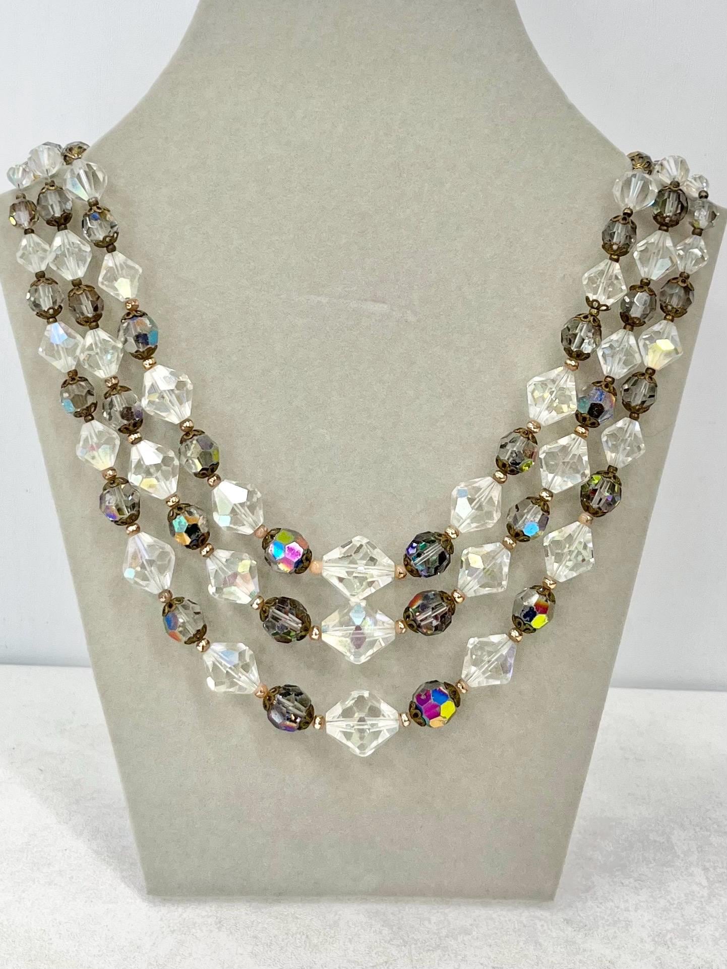 Vintage 1950’s Three Strand Austrian Glass Crystal Bead Necklace with Aurora Borealis and Vitrail Coatings Beautifully Cut Crystals MillyOliverVintage