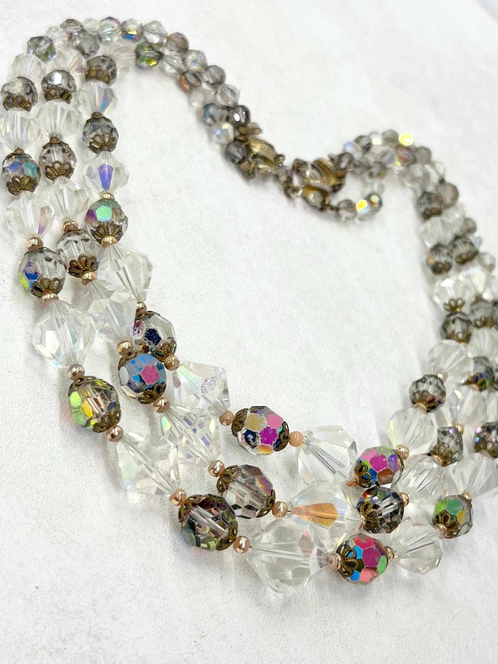 Vintage 1950’s Three Strand Austrian Glass Crystal Bead Necklace with Aurora Borealis and Vitrail Coatings Beautifully Cut Crystals MillyOliverVintage