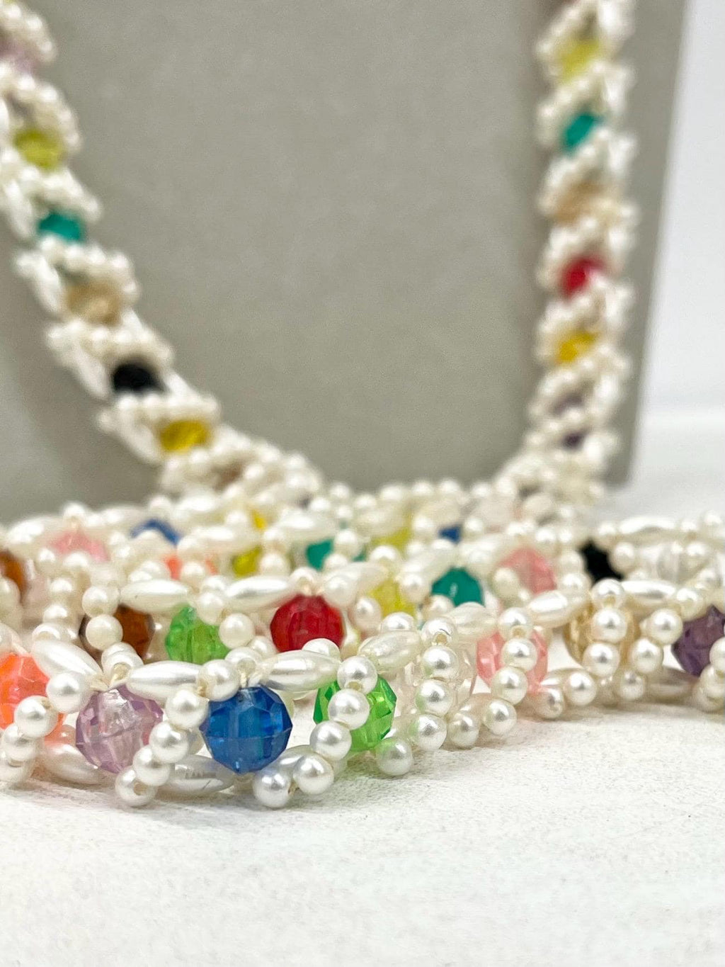 Vintage 1980’s White Acrylic Pearl & Multi Coloured Faceted Bead Necklace Fabulous Kitsch Crocheted Style Necklace MillyOliverVintage