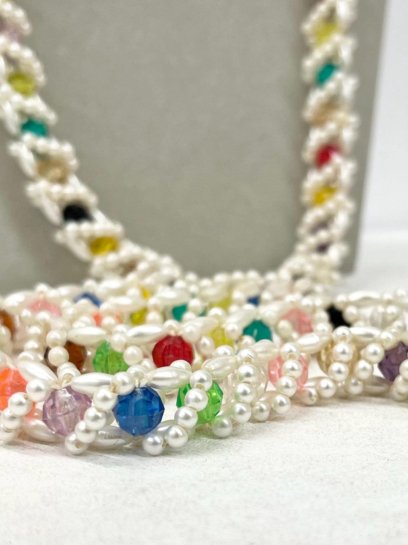 Vintage 1980’s White Acrylic Pearl & Multi Coloured Faceted Bead Necklace Fabulous Kitsch Crocheted Style Necklace MillyOliverVintage