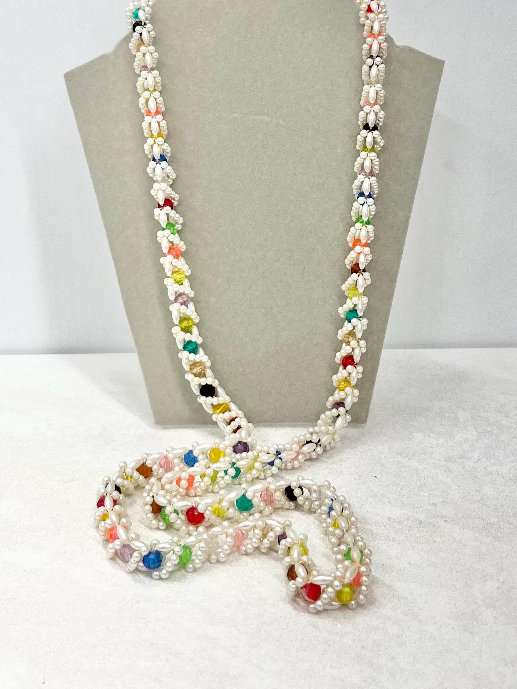 Vintage 1980’s White Acrylic Pearl & Multi Coloured Faceted Bead Necklace Fabulous Kitsch Crocheted Style Necklace MillyOliverVintage
