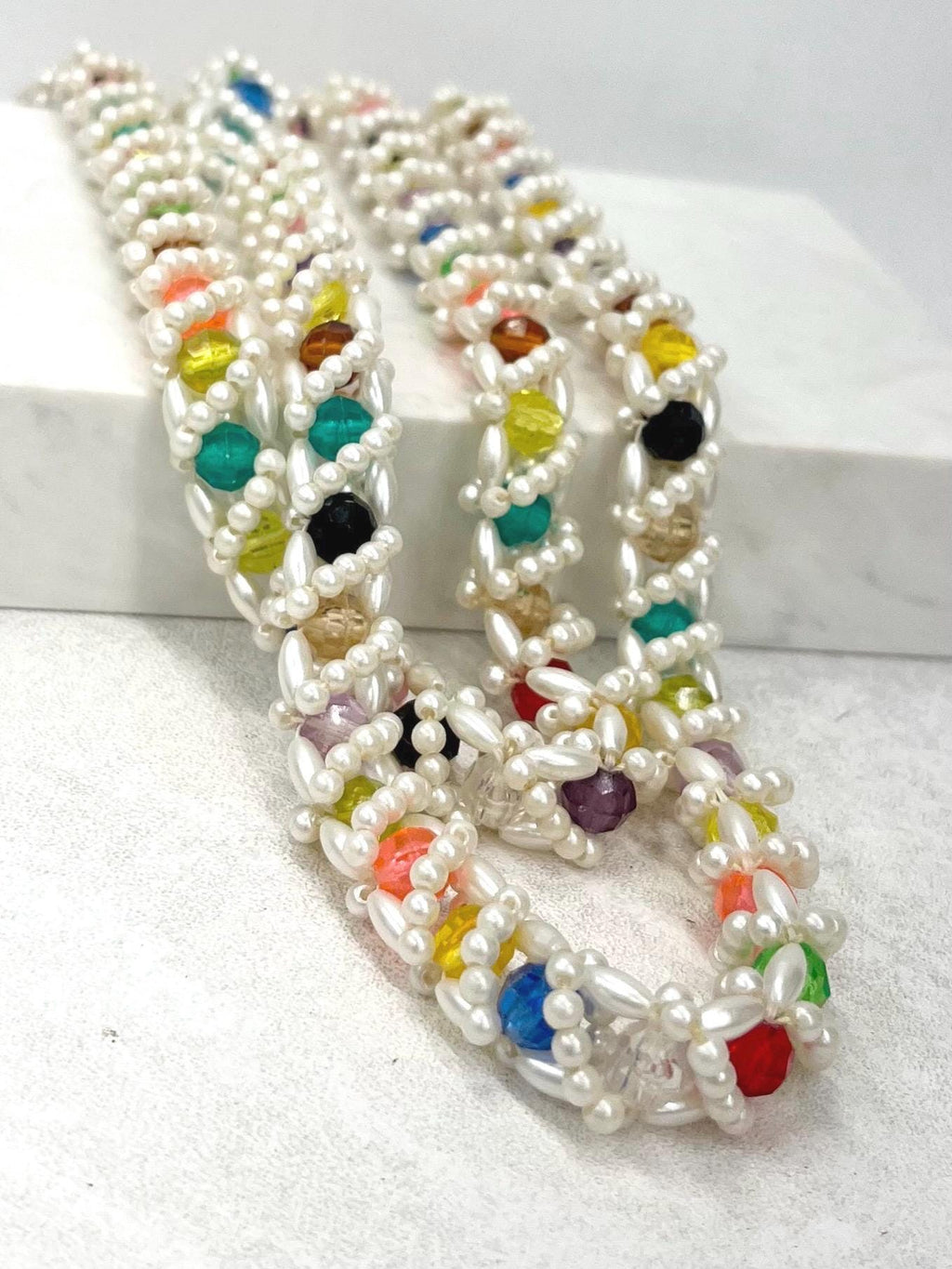Vintage 1980’s White Acrylic Pearl & Multi Coloured Faceted Bead Necklace Fabulous Kitsch Crocheted Style Necklace MillyOliverVintage