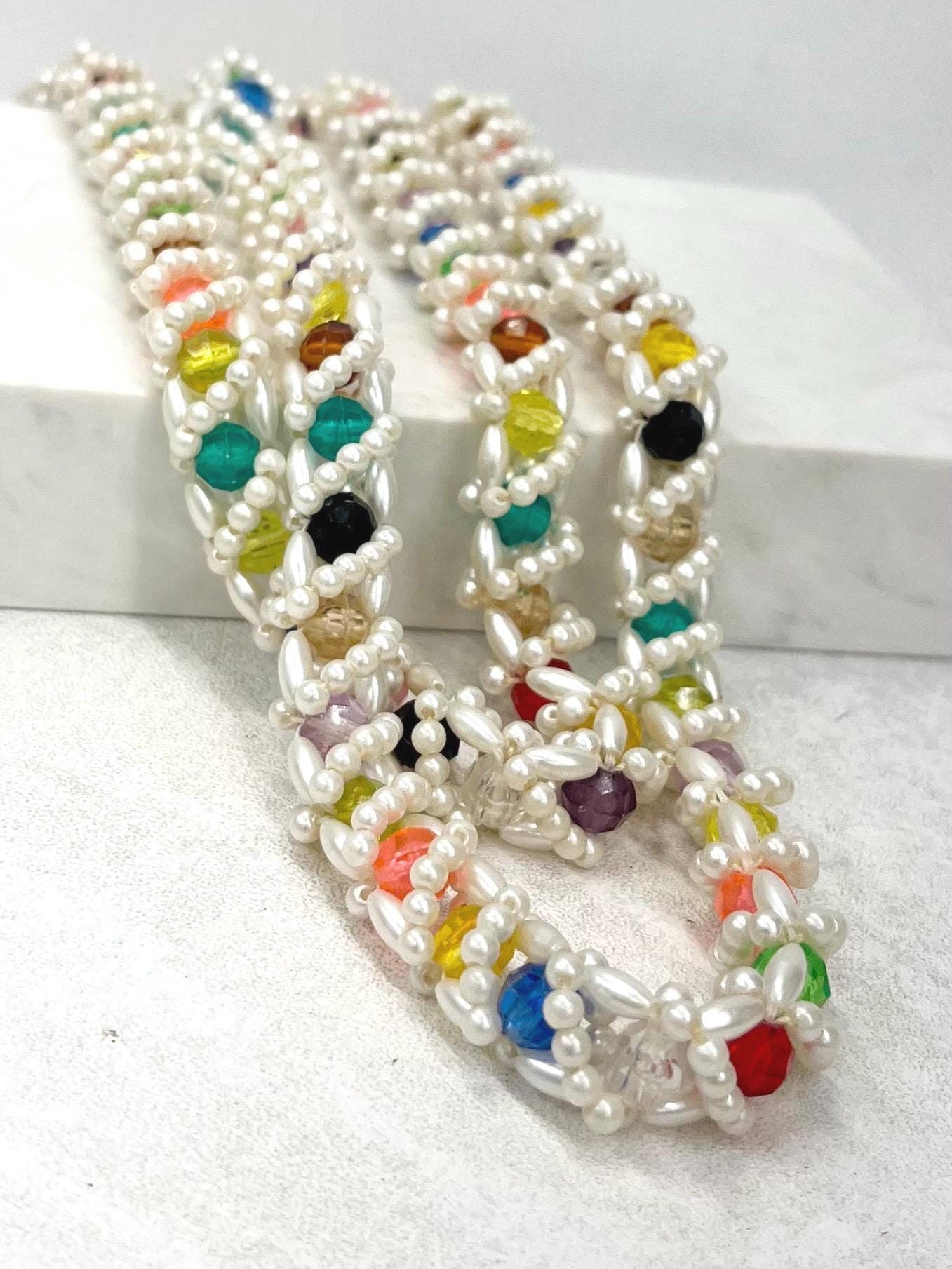 Vintage 1980’s White Acrylic Pearl & Multi Coloured Faceted Bead Necklace Fabulous Kitsch Crocheted Style Necklace MillyOliverVintage