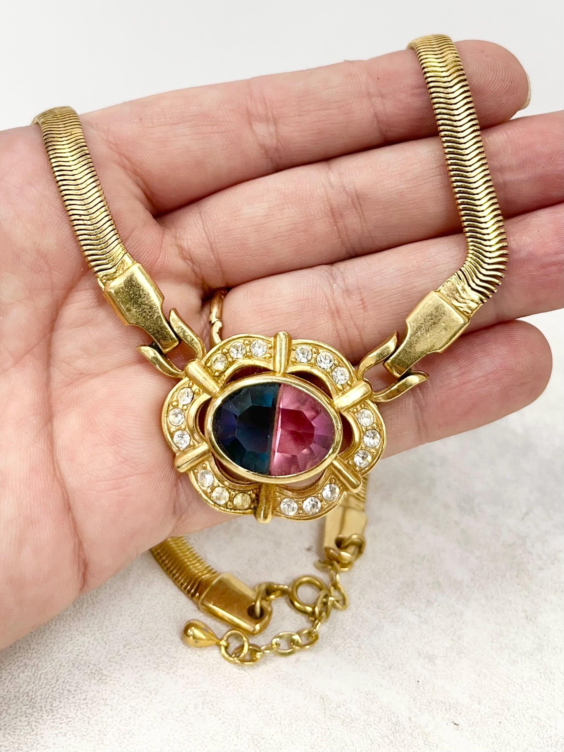 Vintage Pink & Blue Glass Stone Gold Tone Herringbone Necklace Crystals Excellent Quality Vintage Jewellery 16” Long with 2” Extender MillyOliverVintage