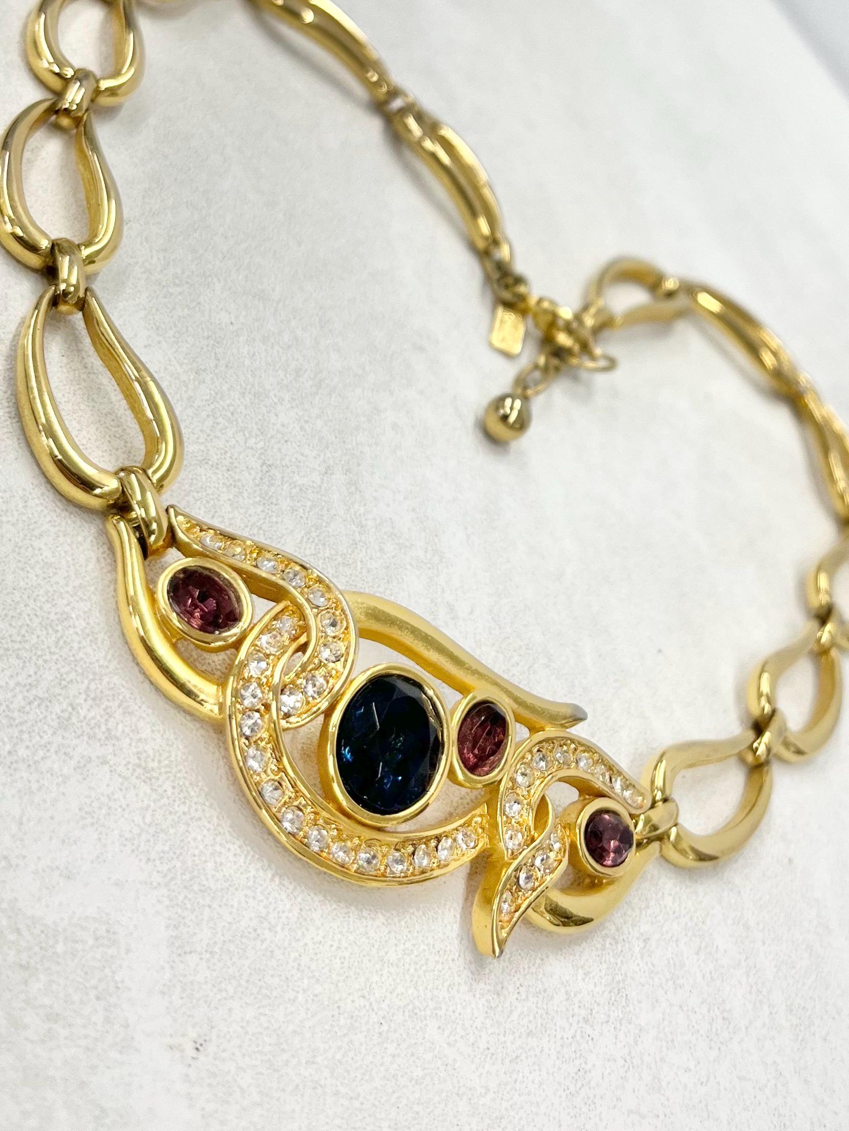 Vintage Leritz Pink & Blue Glass Stone Gold Plated Necklace Collar Excellent Quality Vintage Jewellery 16” Long with 2” Extender MillyOliverVintage