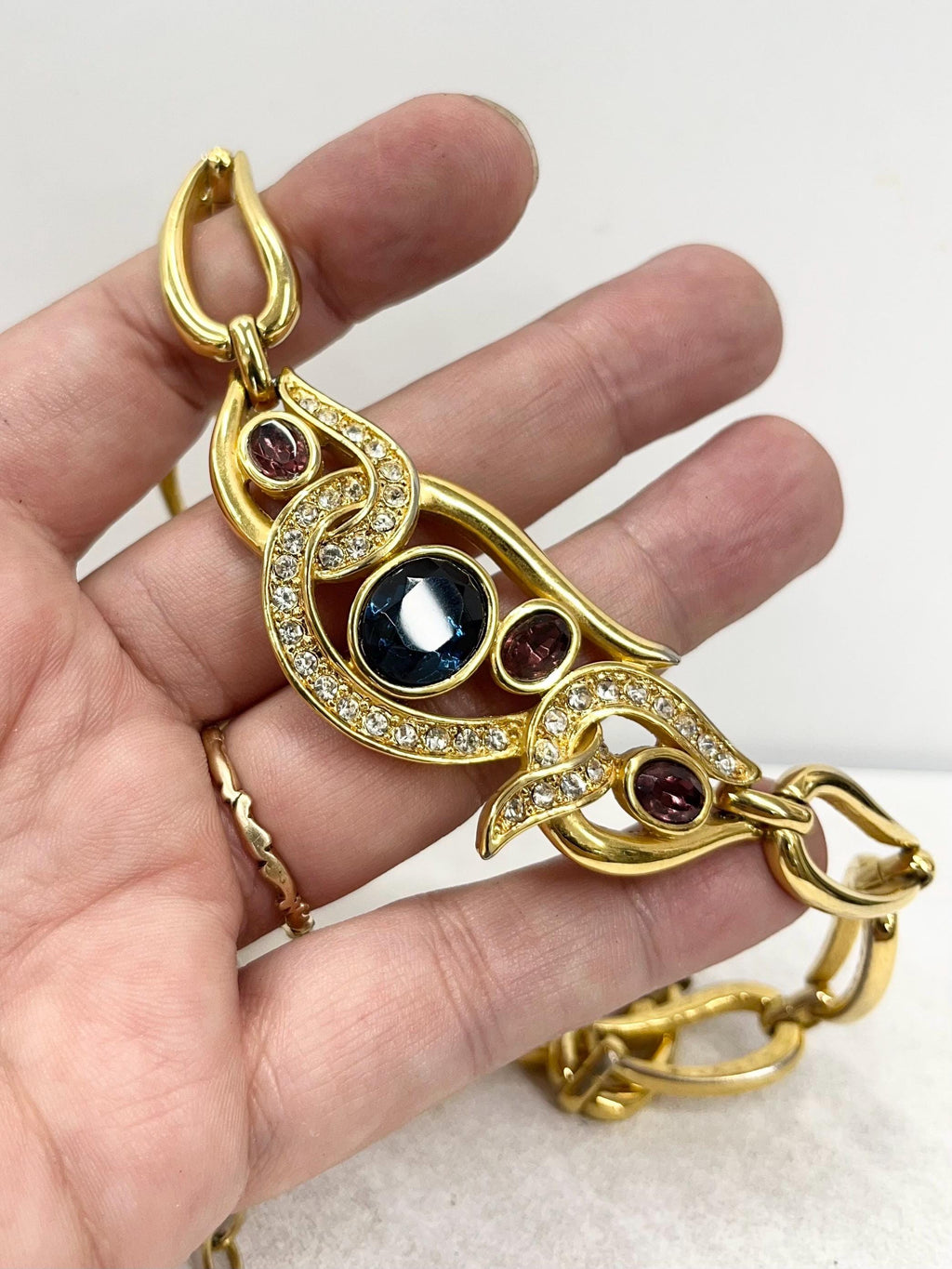Vintage Leritz Pink & Blue Glass Stone Gold Plated Necklace Collar Excellent Quality Vintage Jewellery 16” Long with 2” Extender MillyOliverVintage