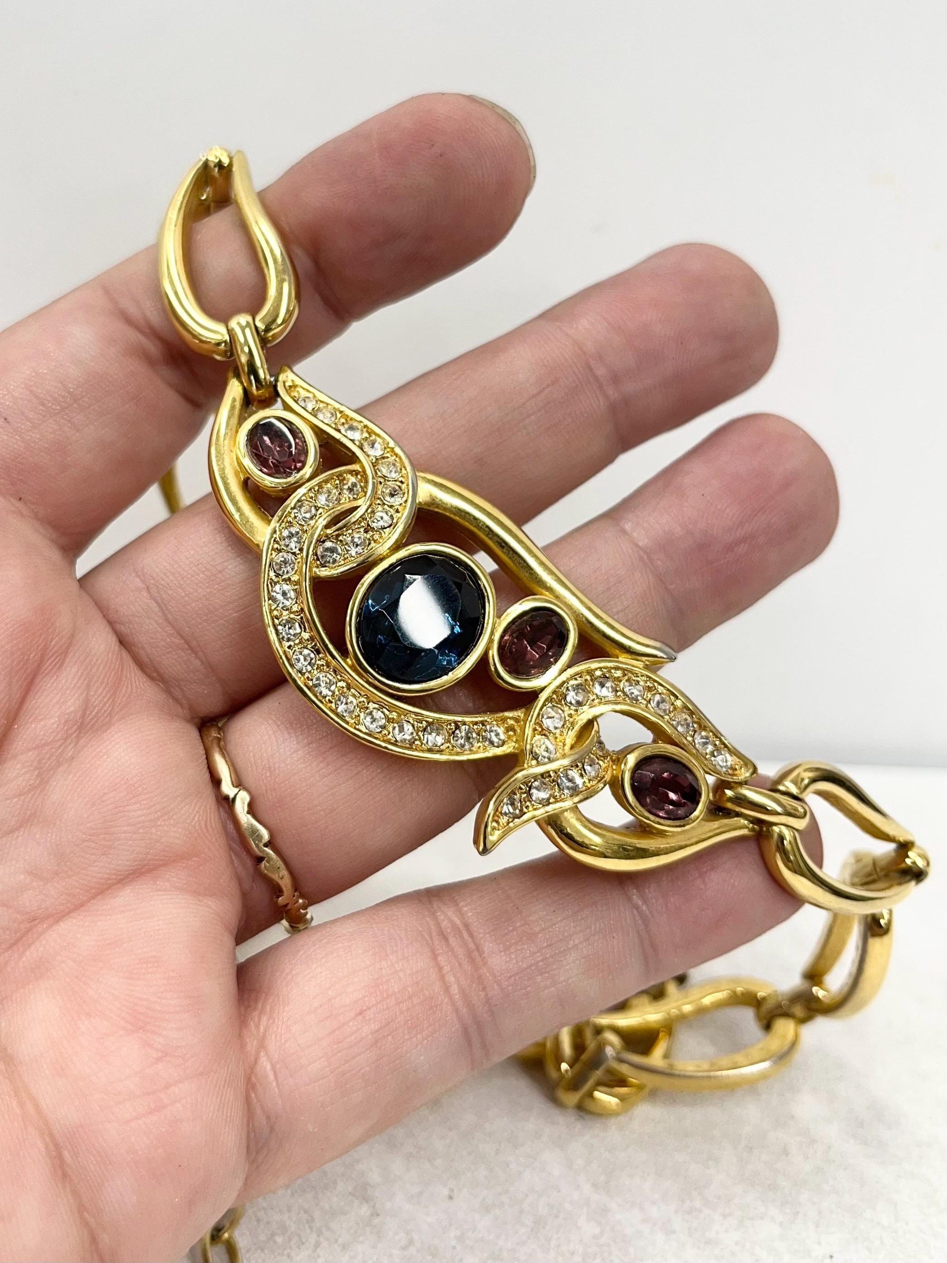 Vintage Leritz Pink & Blue Glass Stone Gold Plated Necklace Collar Excellent Quality Vintage Jewellery 16” Long with 2” Extender MillyOliverVintage