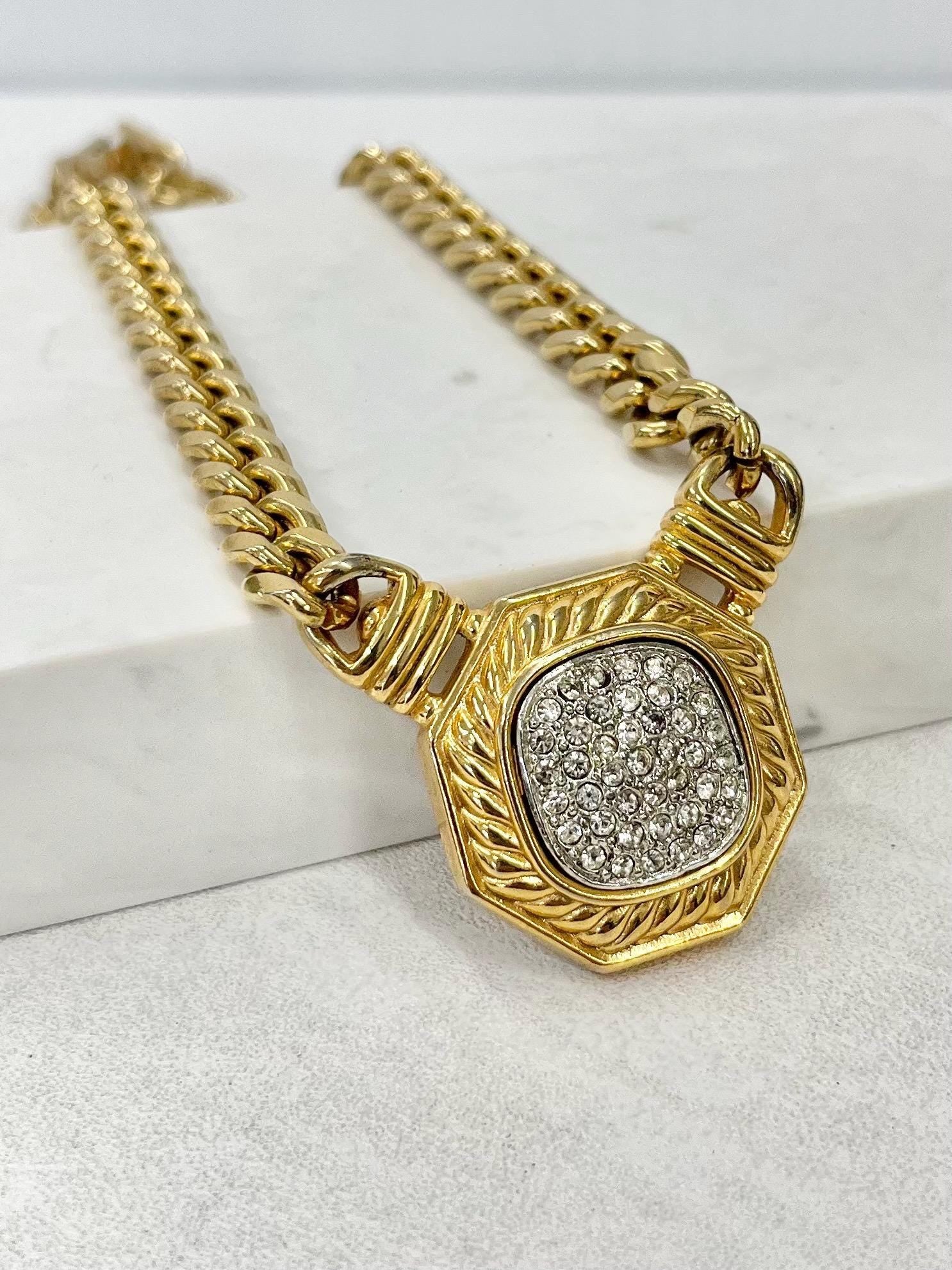 Vintage Clear Crystal Medallion Style Gold Plated Necklace Collar Excellent Quality Vintage Signed Craft Jewellery 16” Long MillyOliverVintage