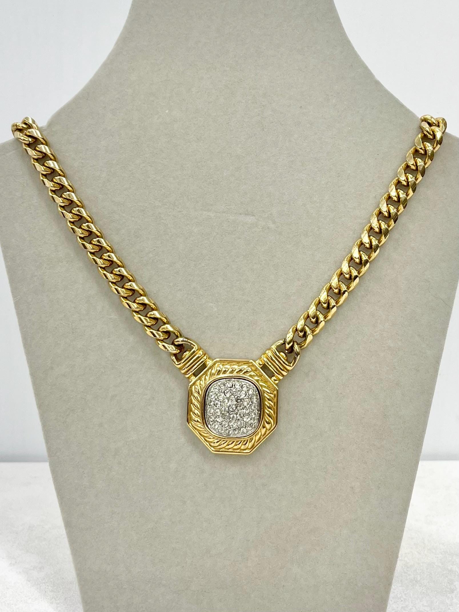 Vintage Clear Crystal Medallion Style Gold Plated Necklace Collar Excellent Quality Vintage Signed Craft Jewellery 16” Long MillyOliverVintage