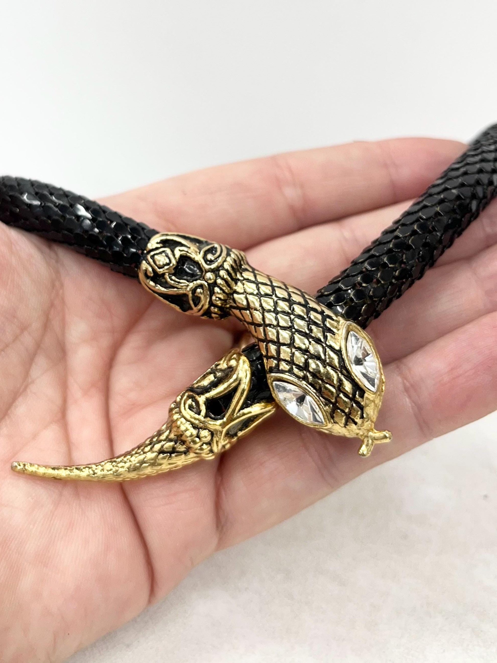 Vintage DL Auld Black Mesh Snake Necklace Adjustable Length with Gold Tone Head & Tail and Crystal Eyes Designer Necklace / Choker MillyOliverVintage