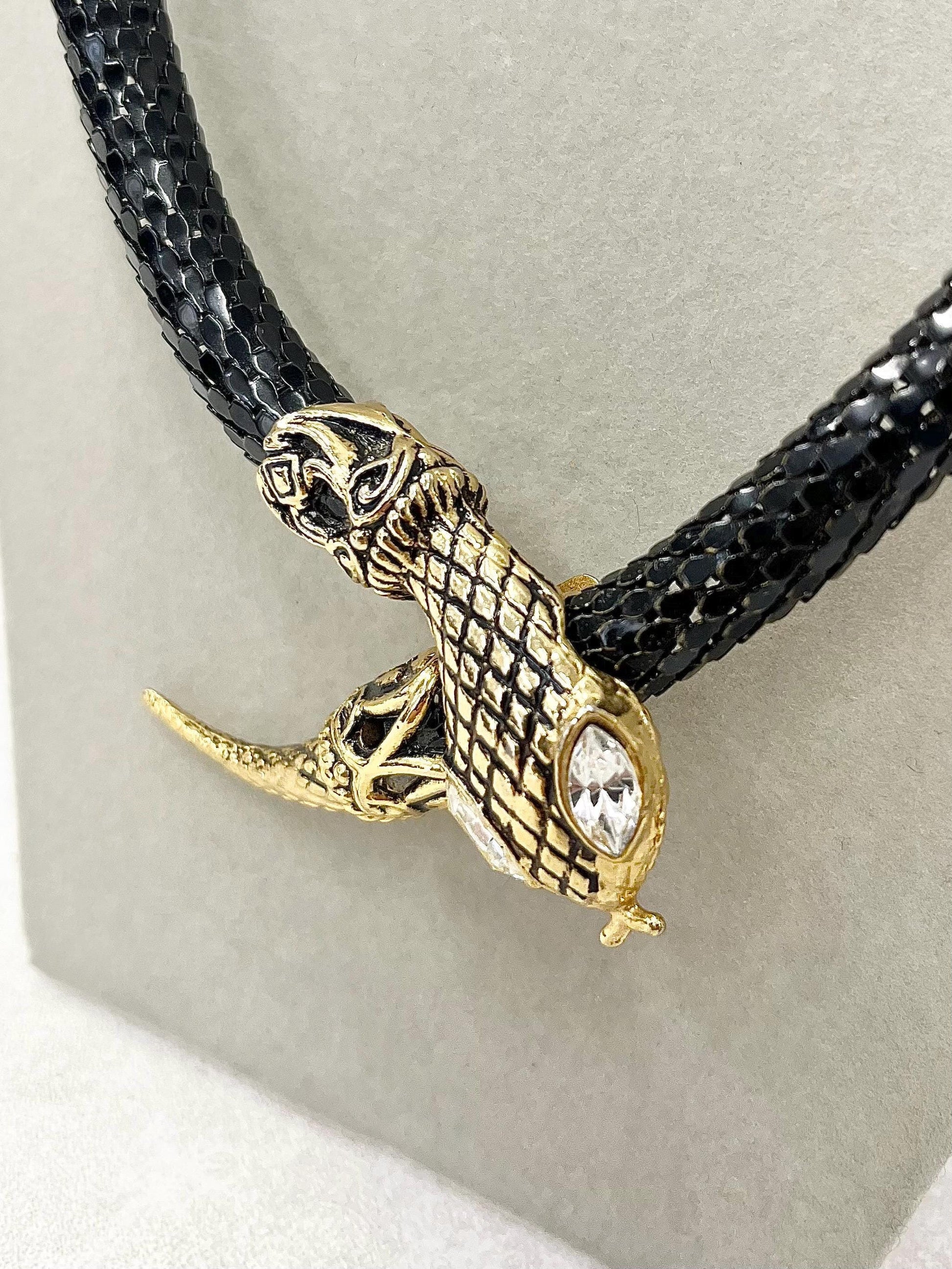 Vintage DL Auld Black Mesh Snake Necklace Adjustable Length with Gold Tone Head & Tail and Crystal Eyes Designer Necklace / Choker MillyOliverVintage