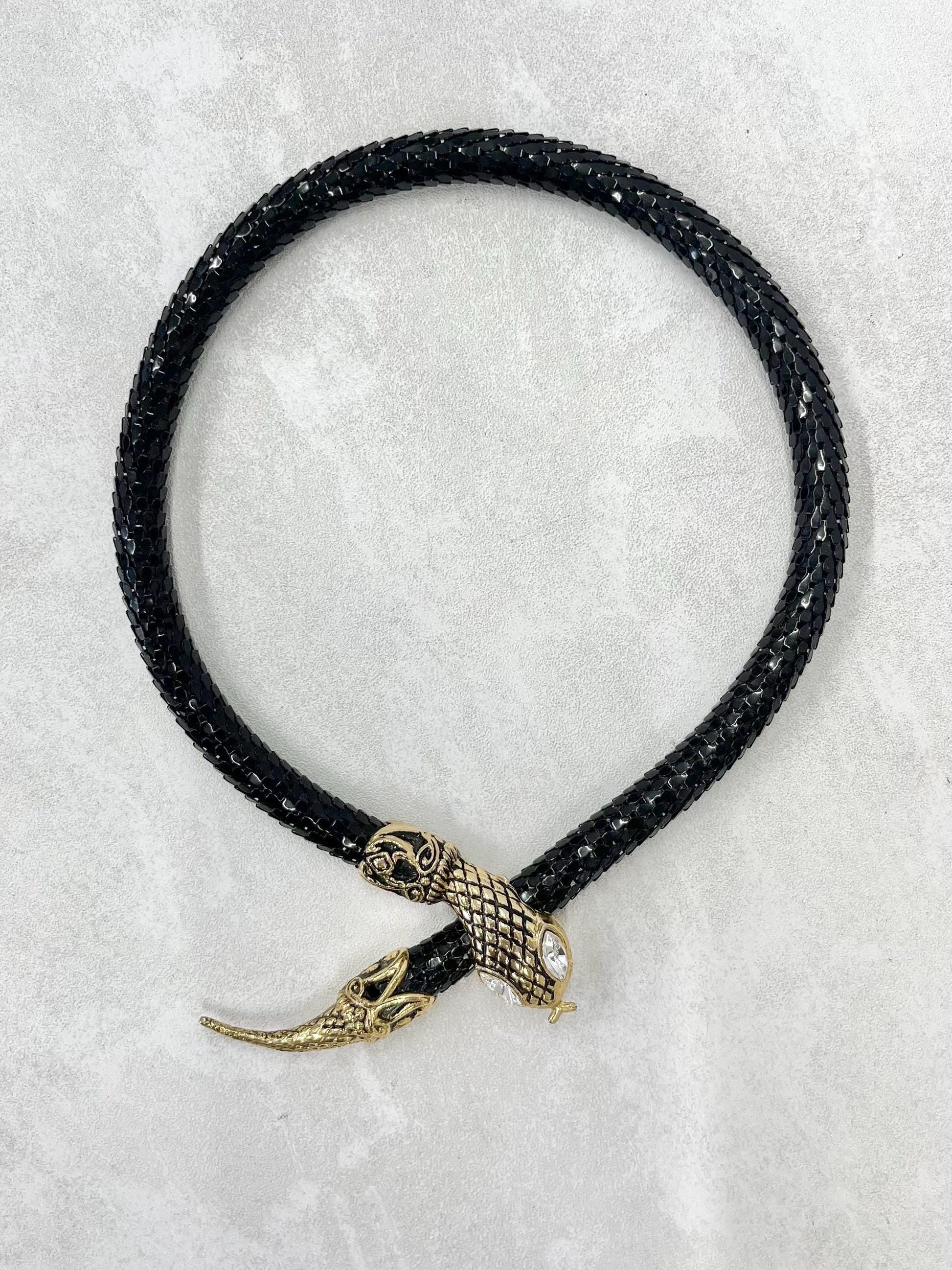 Vintage DL Auld Black Mesh Snake Necklace Adjustable Length with Gold Tone Head & Tail and Crystal Eyes Designer Necklace / Choker MillyOliverVintage