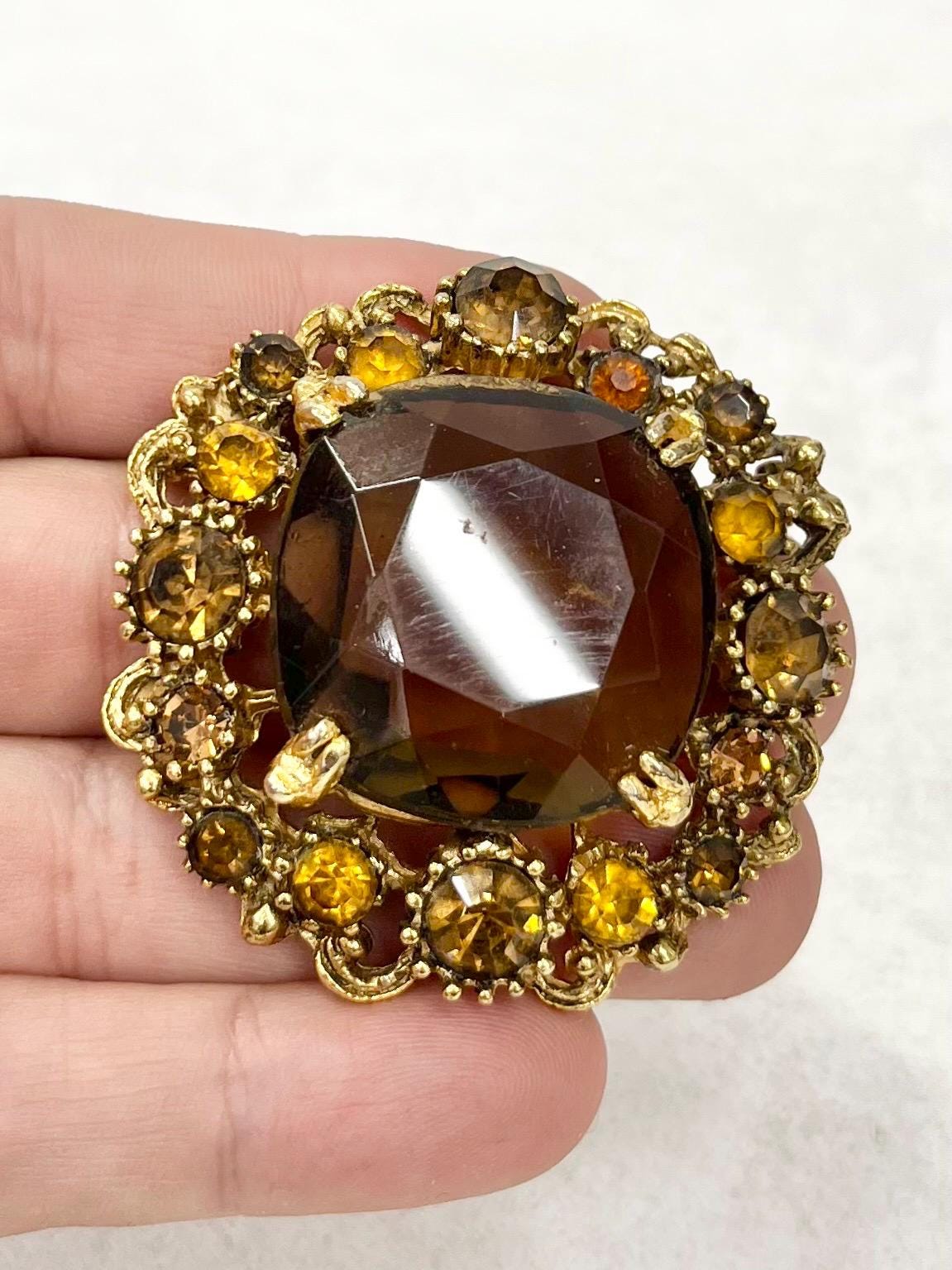 Vintage Large Autumnal Glass Crystal Statement Brooch in a Gold Tone Setting Exceptional Quality Vintage Brooch in Tones of Brown & Gold MillyOliverVintage