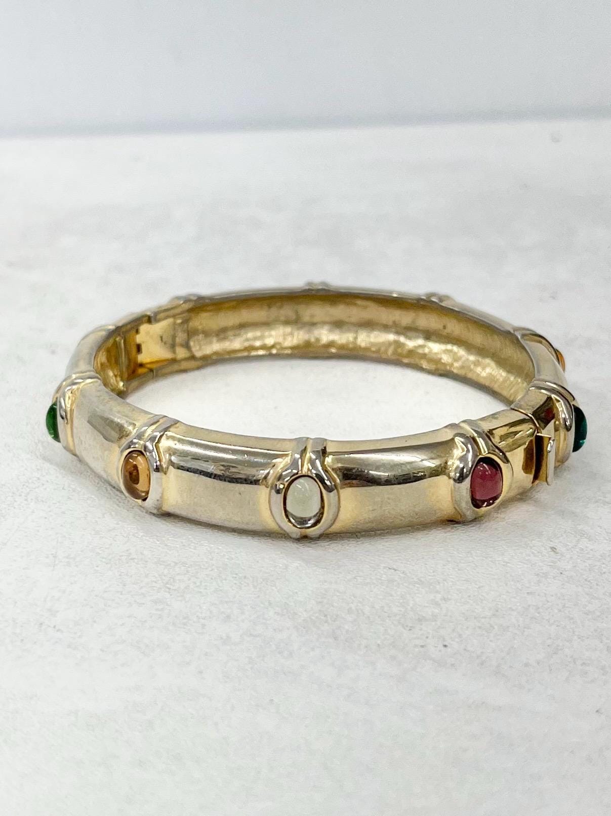 Vintage Gold Plated 1970’s Glass Cabochon Set Hindged Bangle MillyOliverVintage