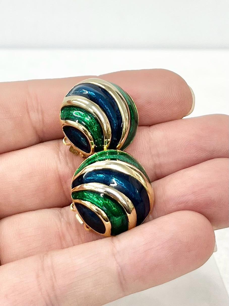 Vintage Enamel Clip On Earrings Navy Blue & Green in a Gold Tone Setting 1980’s - 1990’s MillyOliverVintage