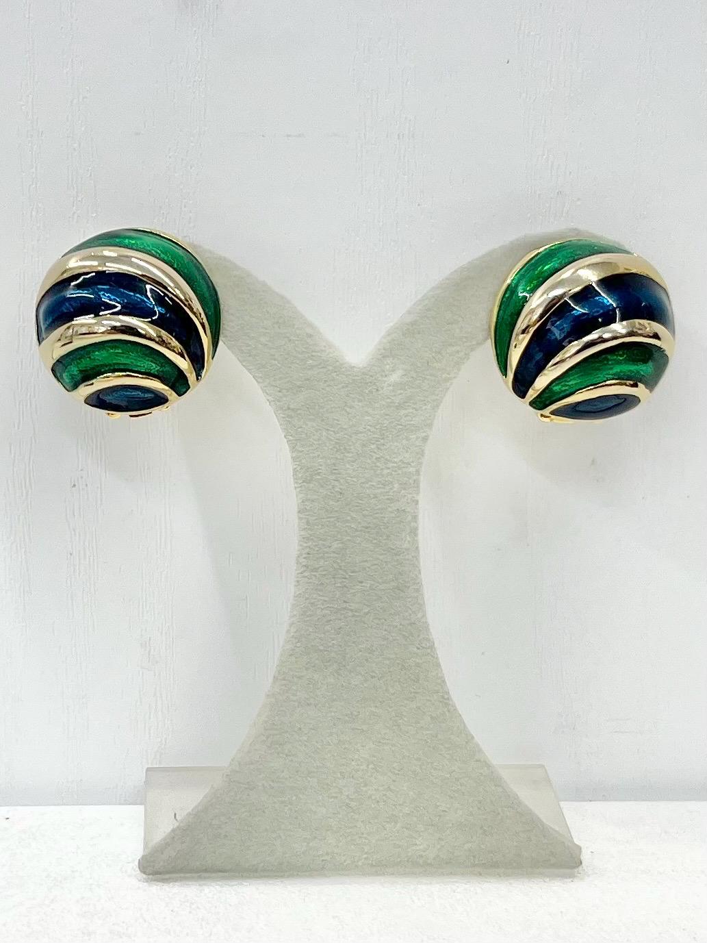 Vintage Enamel Clip On Earrings Navy Blue & Green in a Gold Tone Setting 1980’s - 1990’s MillyOliverVintage