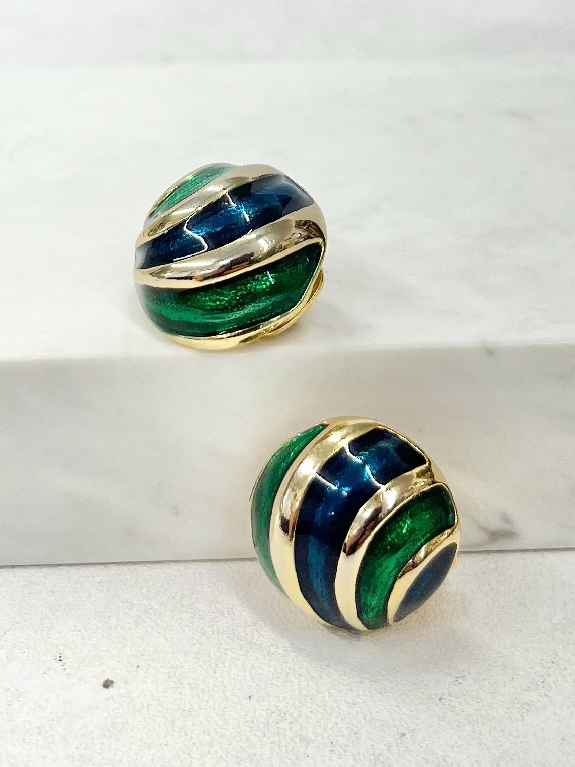 Vintage Enamel Clip On Earrings Navy Blue & Green in a Gold Tone Setting 1980’s - 1990’s MillyOliverVintage