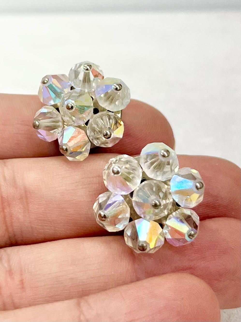 Vintage Aurora Borealis Austrian Crystal Cluster Clip On Earrings 1970’s - 1980’s Beautifully Sparkling Bridal Earrings MillyOliverVintage