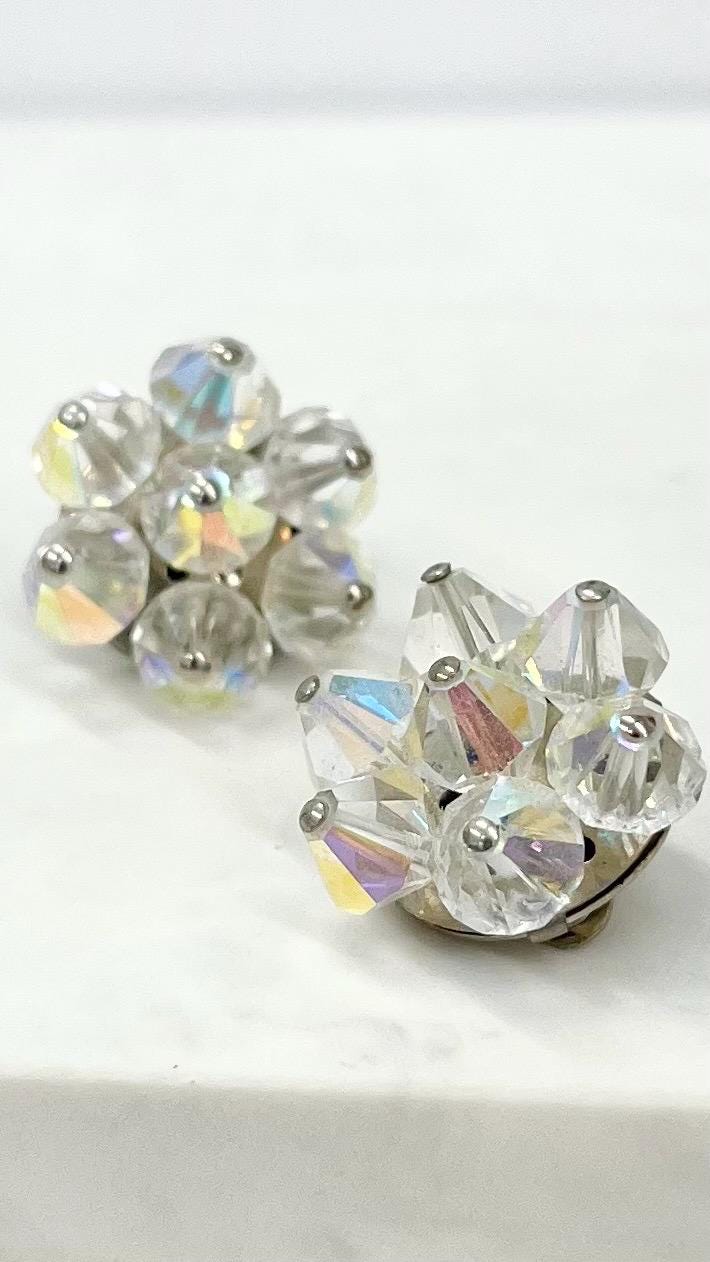 Vintage Aurora Borealis Austrian Crystal Cluster Clip On Earrings 1970’s - 1980’s Beautifully Sparkling Bridal Earrings MillyOliverVintage