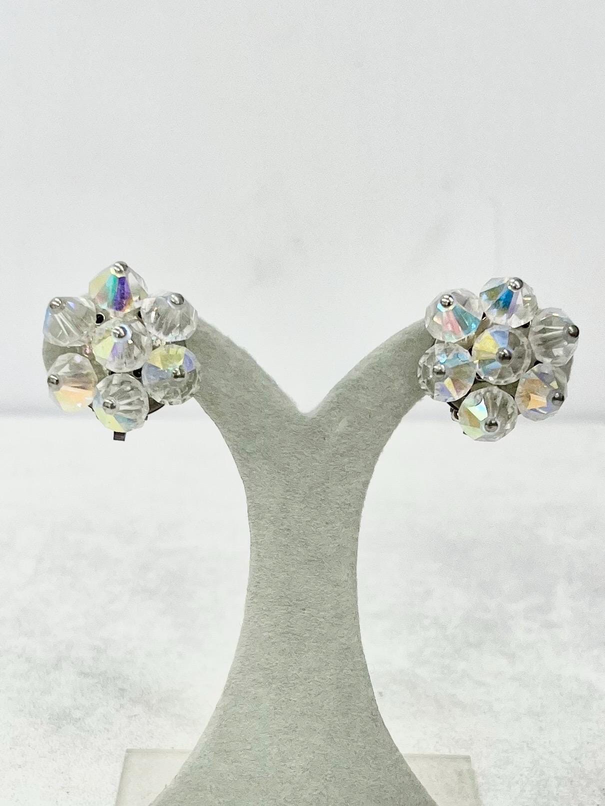 Vintage Aurora Borealis Austrian Crystal Cluster Clip On Earrings 1970’s - 1980’s Beautifully Sparkling Bridal Earrings MillyOliverVintage