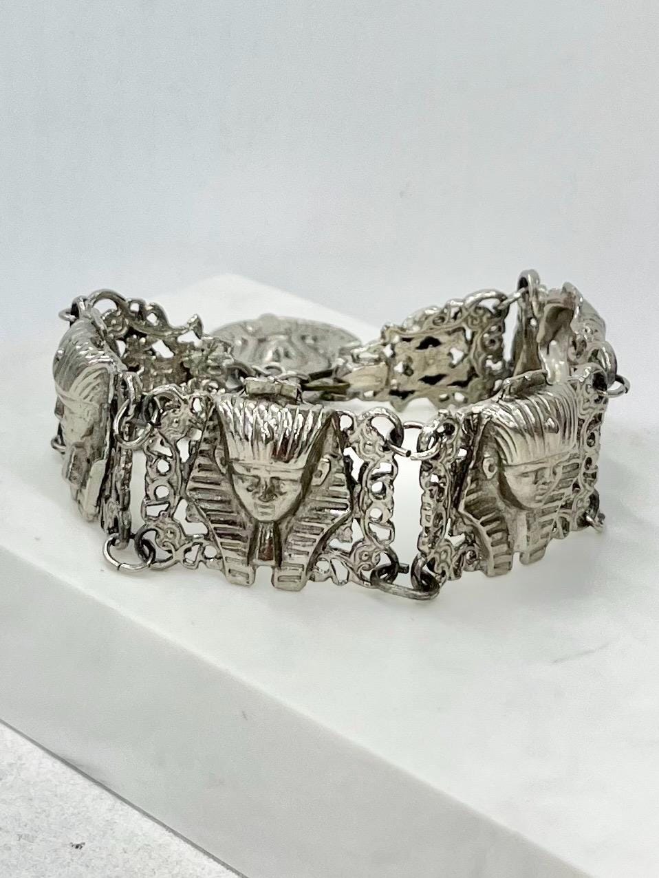 Vintage Silver Plate 1960’s 1970’s Wide Tutankhamun Egyptian Revival Bracelet with Costume Jewellery 7.5” MillyOliverVintage