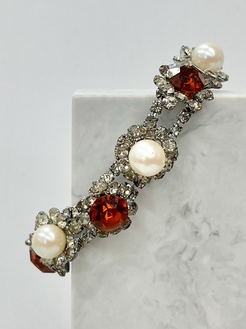 Vintage 1950’s Exquisite Orange & Clear Austrian Crystal Floral Cluster Statement Bracelet with Glass Pearl Accents Costume Jewellery 7.25” MillyOliverVintage
