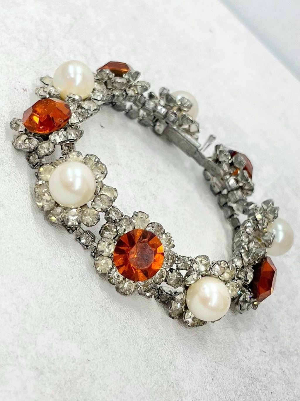Vintage 1950’s Exquisite Orange & Clear Austrian Crystal Floral Cluster Statement Bracelet with Glass Pearl Accents Costume Jewellery 7.25” MillyOliverVintage