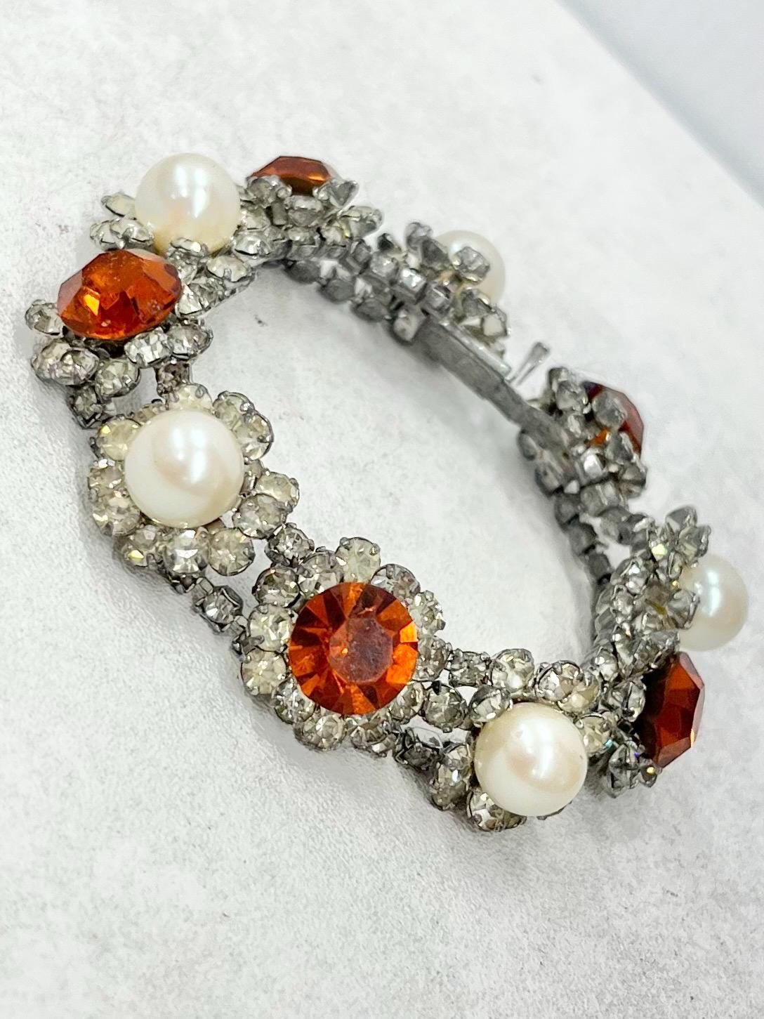 Vintage 1950’s Exquisite Orange & Clear Austrian Crystal Floral Cluster Statement Bracelet with Glass Pearl Accents Costume Jewellery 7.25” MillyOliverVintage