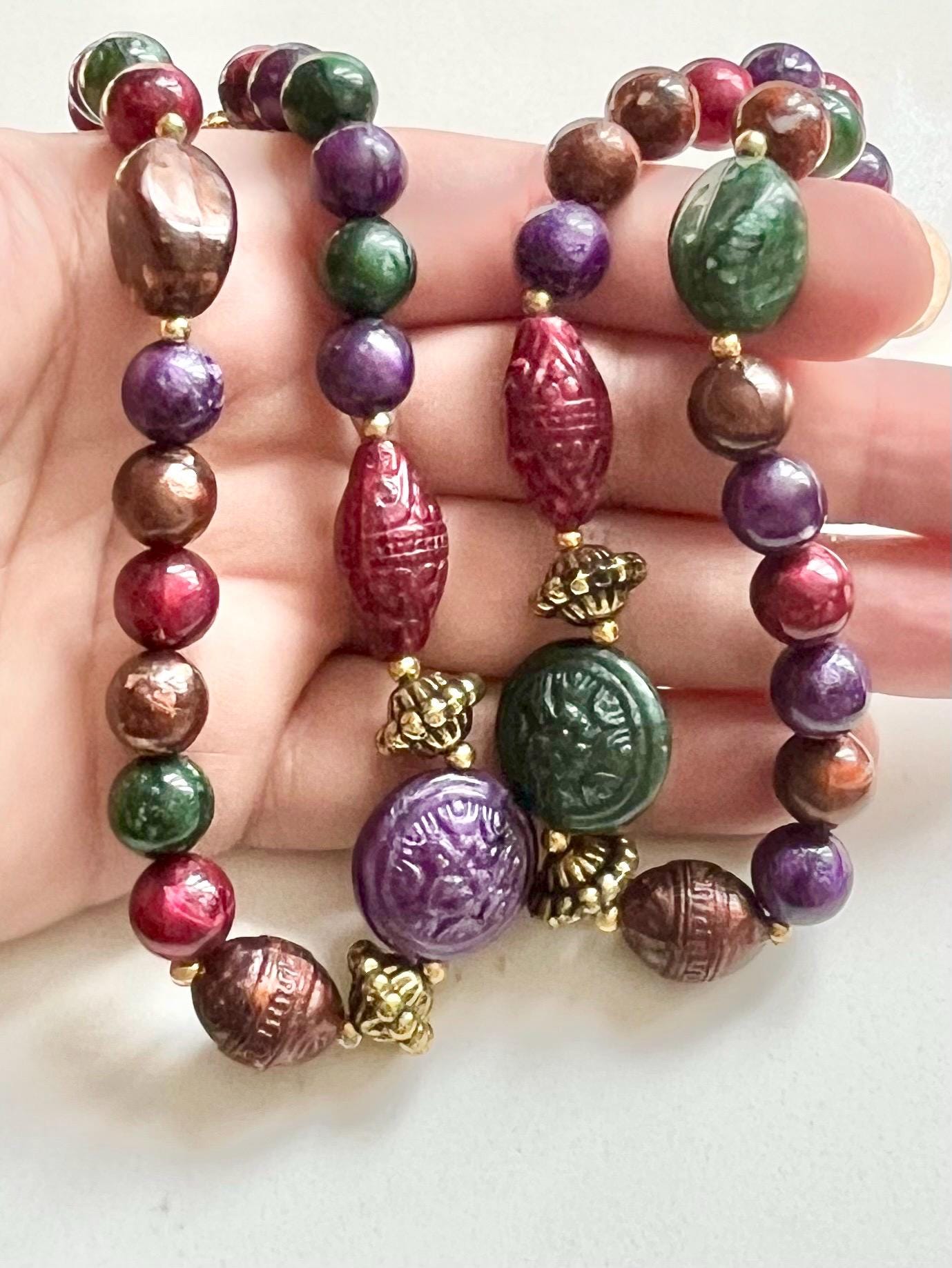 Vintage Multi Coloured Red Purple Brown & Gold Beaded Etruscan Acrylic Bead Necklace Statement Jewellery 28” MillyOliverVintage