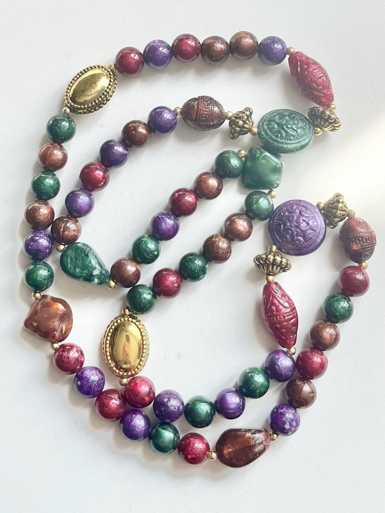Vintage Multi Coloured Red Purple Brown & Gold Beaded Etruscan Acrylic Bead Necklace Statement Jewellery 28” MillyOliverVintage