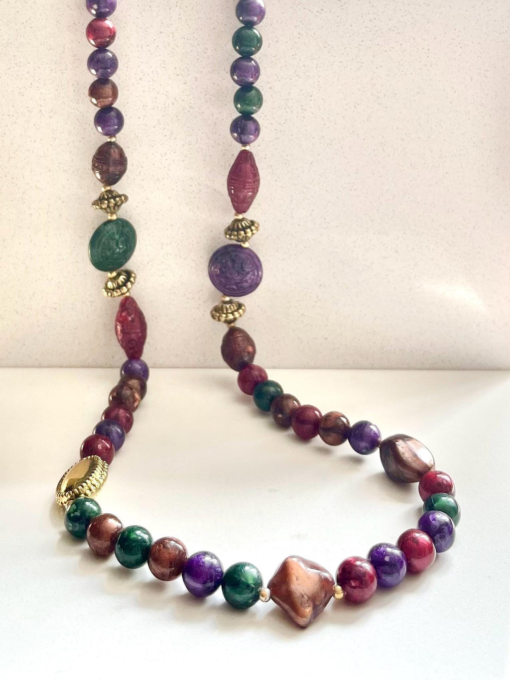 Vintage Multi Coloured Red Purple Brown & Gold Beaded Etruscan Acrylic Bead Necklace Statement Jewellery 28” MillyOliverVintage