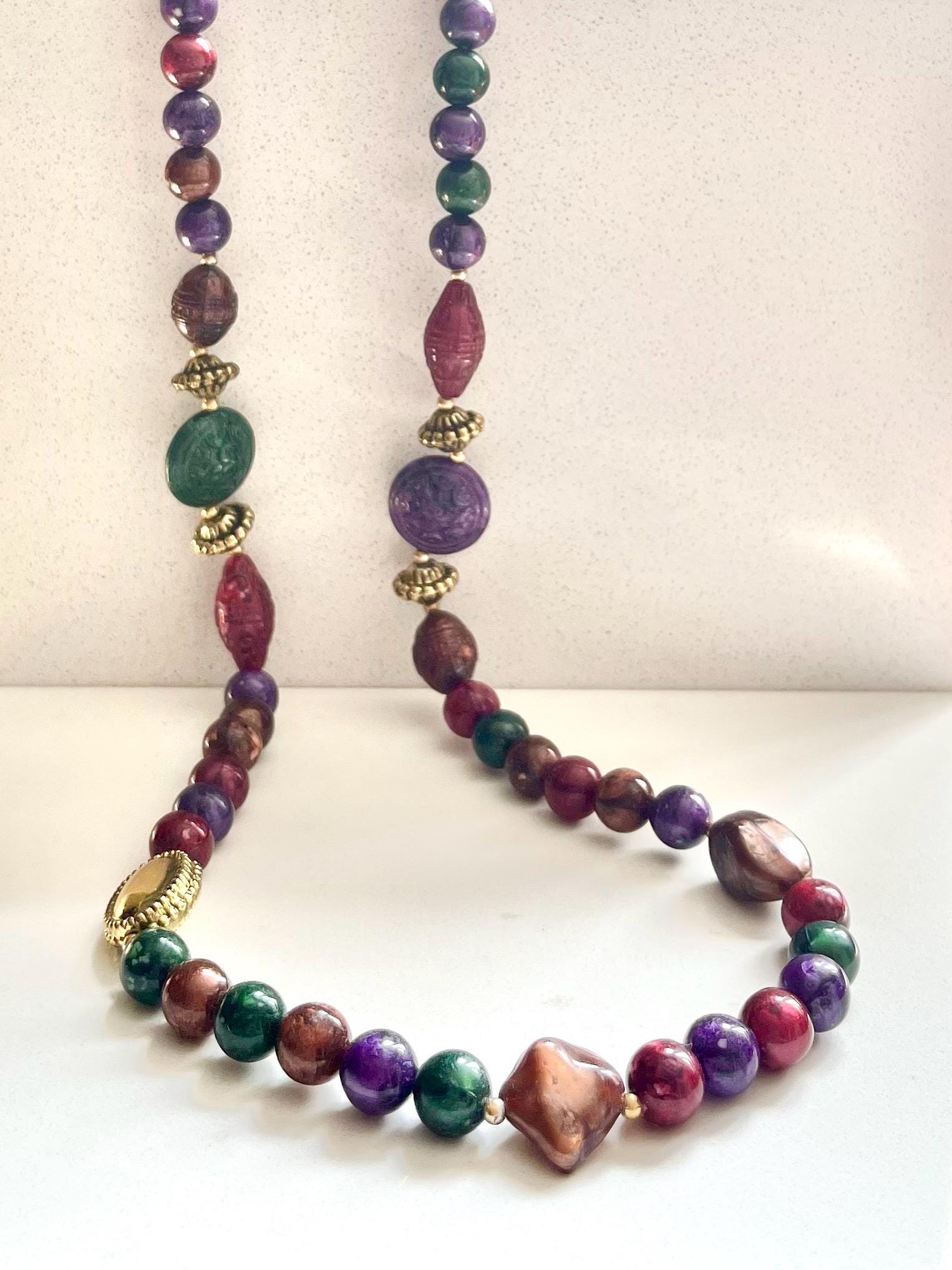 Vintage Multi Coloured Red Purple Brown & Gold Beaded Etruscan Acrylic Bead Necklace Statement Jewellery 28” MillyOliverVintage