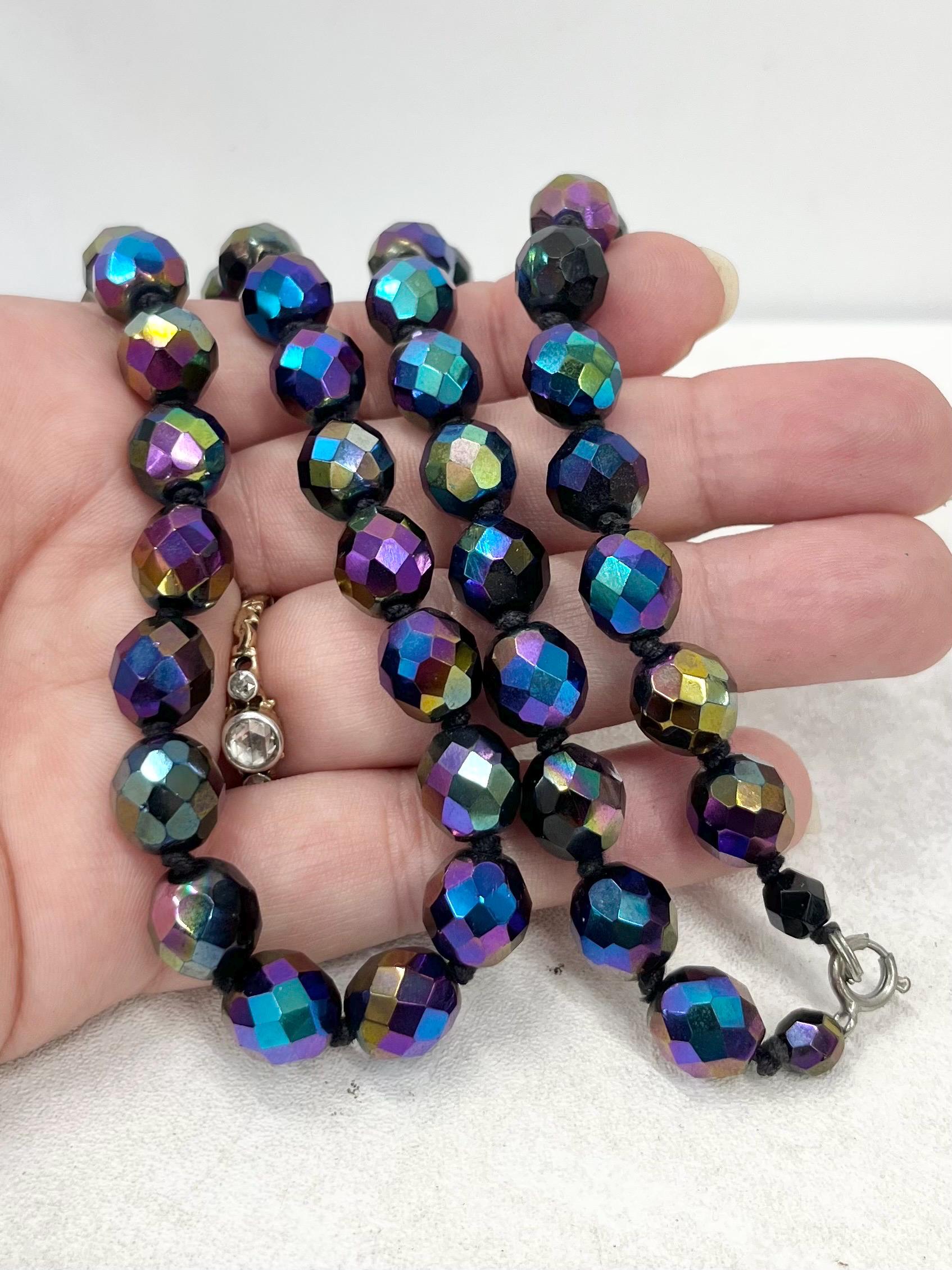 Vintage Handknotted AB Purple Iris Czech Carnival Glass Faceted Bead Necklace Excellent Quality Beads Vintage Jewellery 25” Long MillyOliverVintage