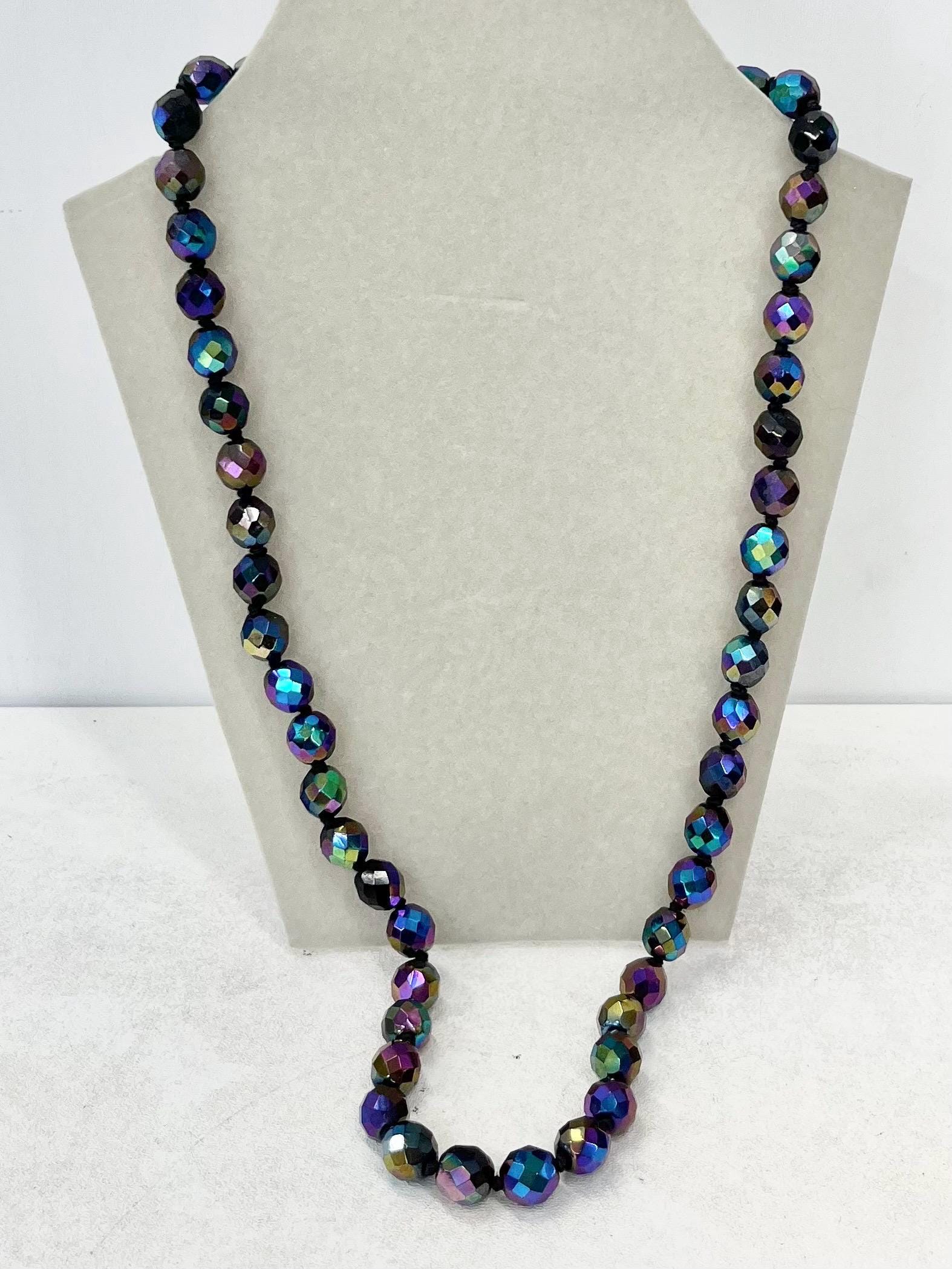 Vintage Handknotted AB Purple Iris Czech Carnival Glass Faceted Bead Necklace Excellent Quality Beads Vintage Jewellery 25” Long MillyOliverVintage