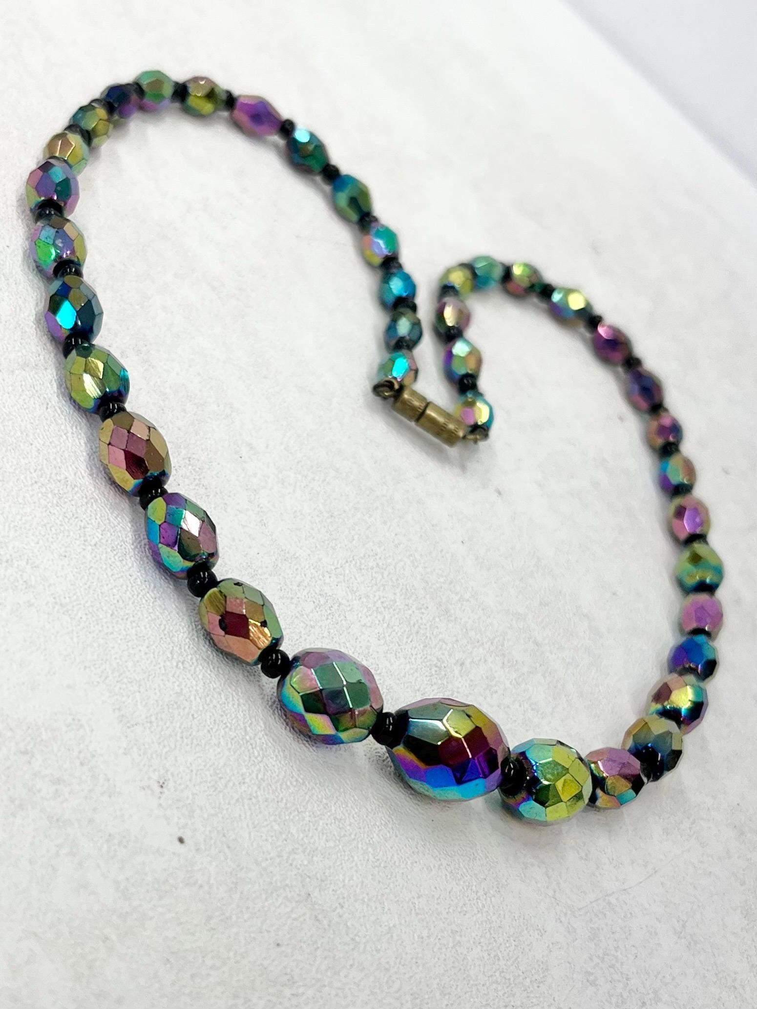 Vintage AB Purple Iris Czech Carnival Glass Faceted Graduated Oval Bead Necklace Excellent Quality Beads Vintage Jewellery 18” Long MillyOliverVintage