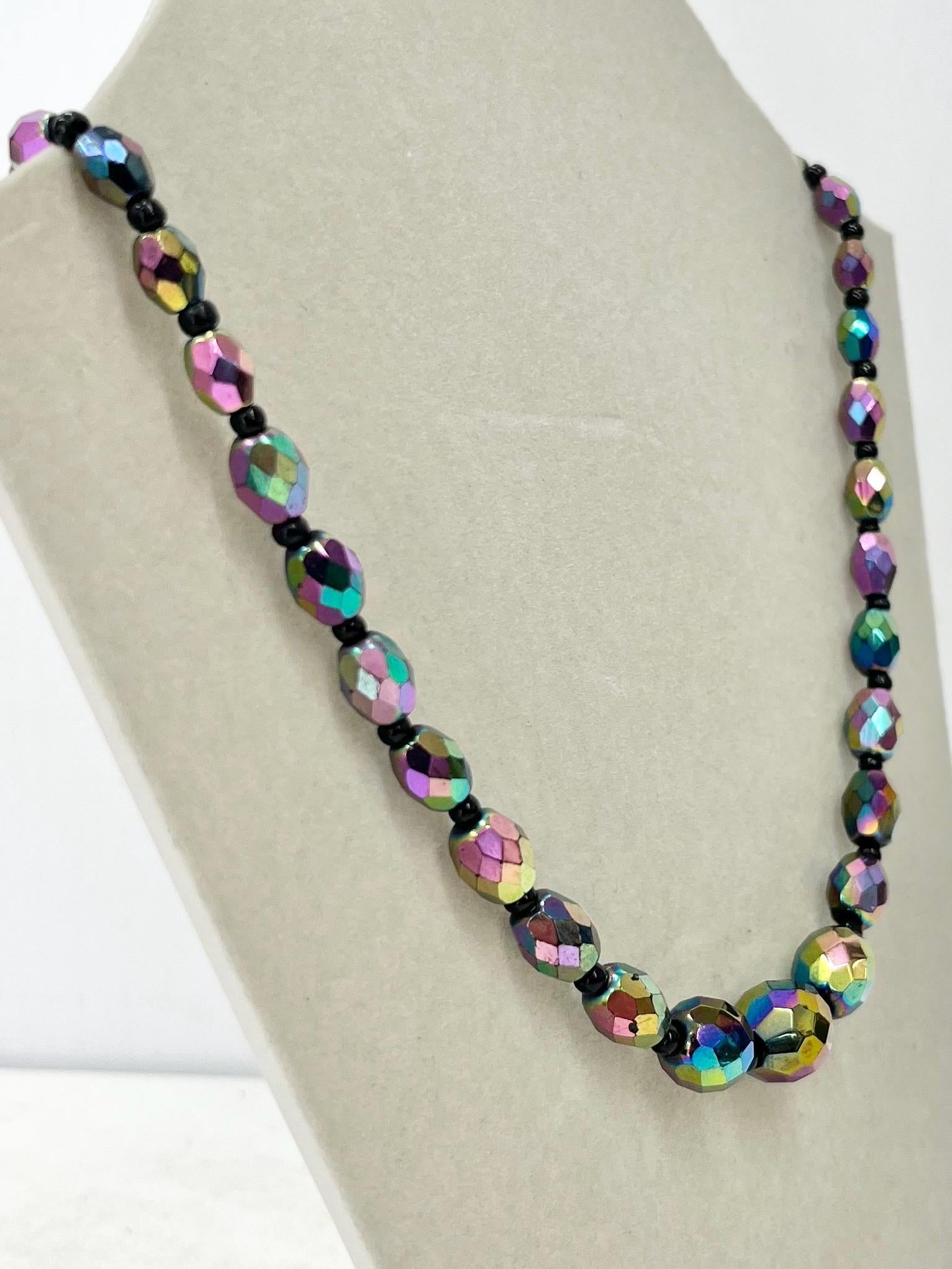 Vintage AB Purple Iris Czech Carnival Glass Faceted Graduated Oval Bead Necklace Excellent Quality Beads Vintage Jewellery 18” Long MillyOliverVintage