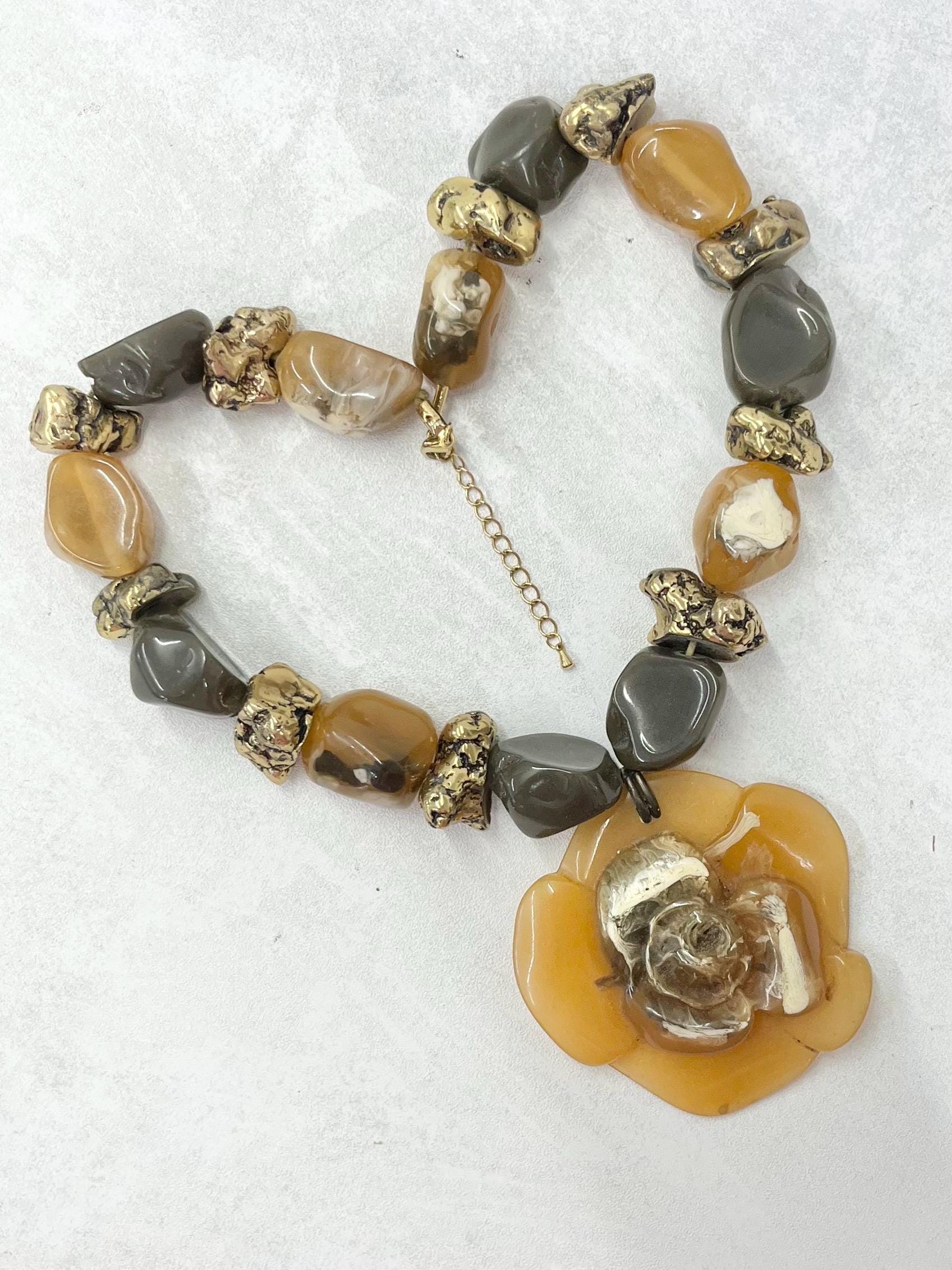 Vintage Over Sized Chunky Flower Drop Acrylic / Resin Necklace in Browns and Golds 20” with a 2” Extender Chain MillyOliverVintage
