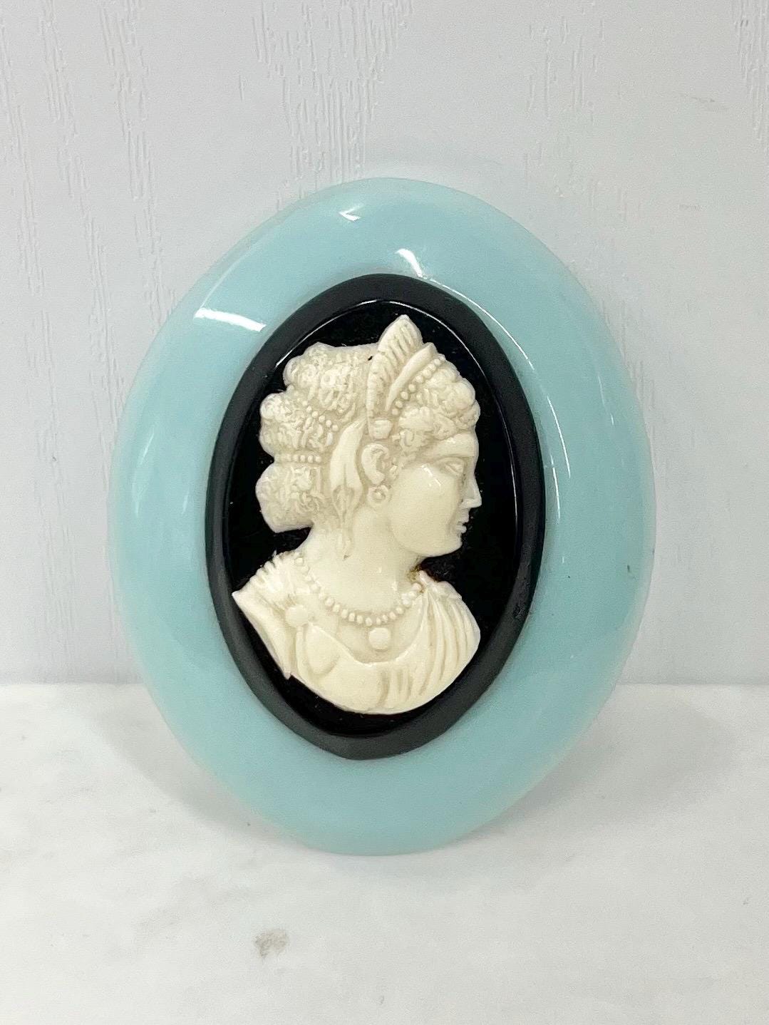 Vintage Large Acrylic Turquoise Blue Black & White Cameo Brooch MillyOliverVintage
