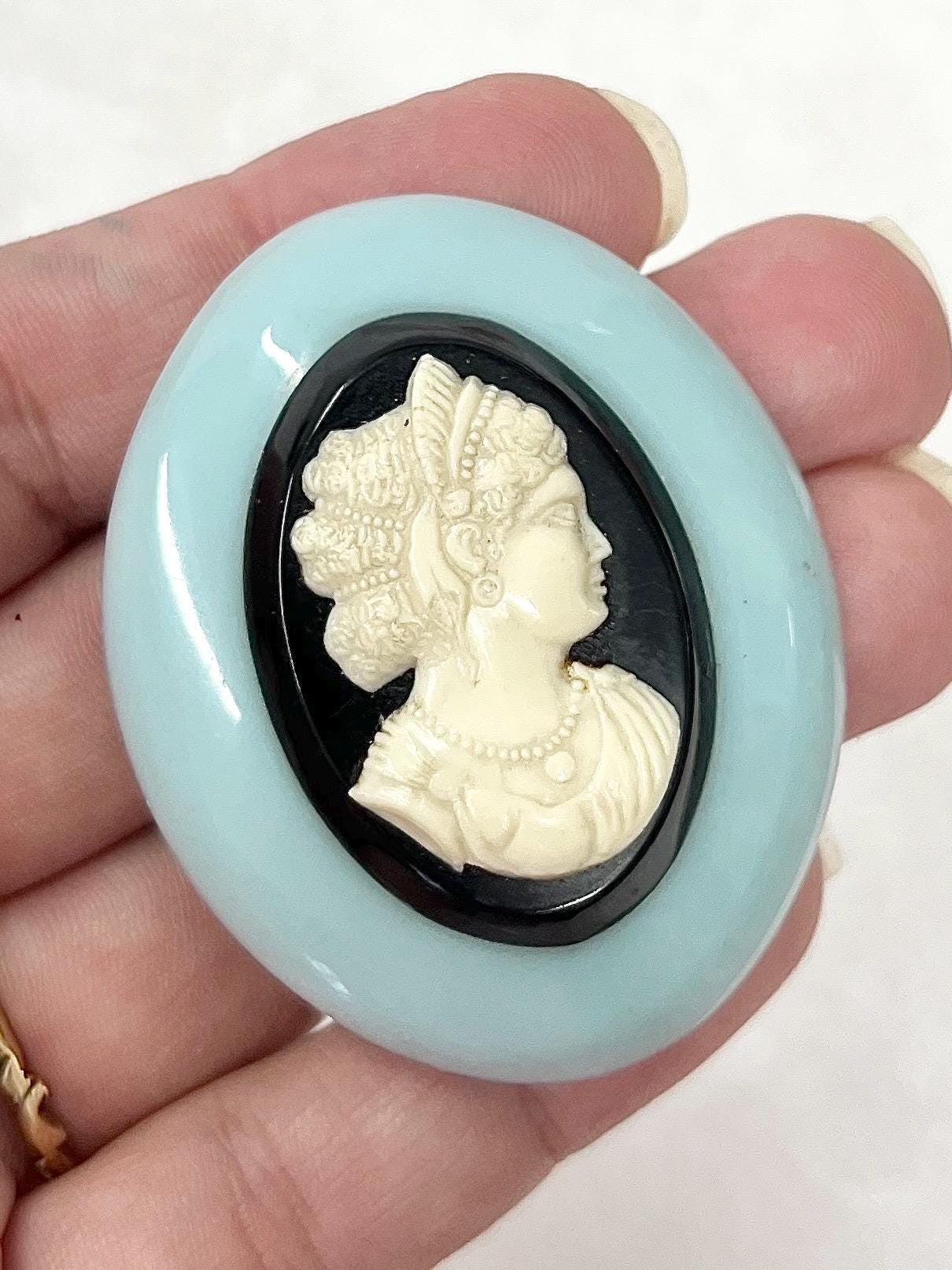 Vintage Large Acrylic Turquoise Blue Black & White Cameo Brooch MillyOliverVintage